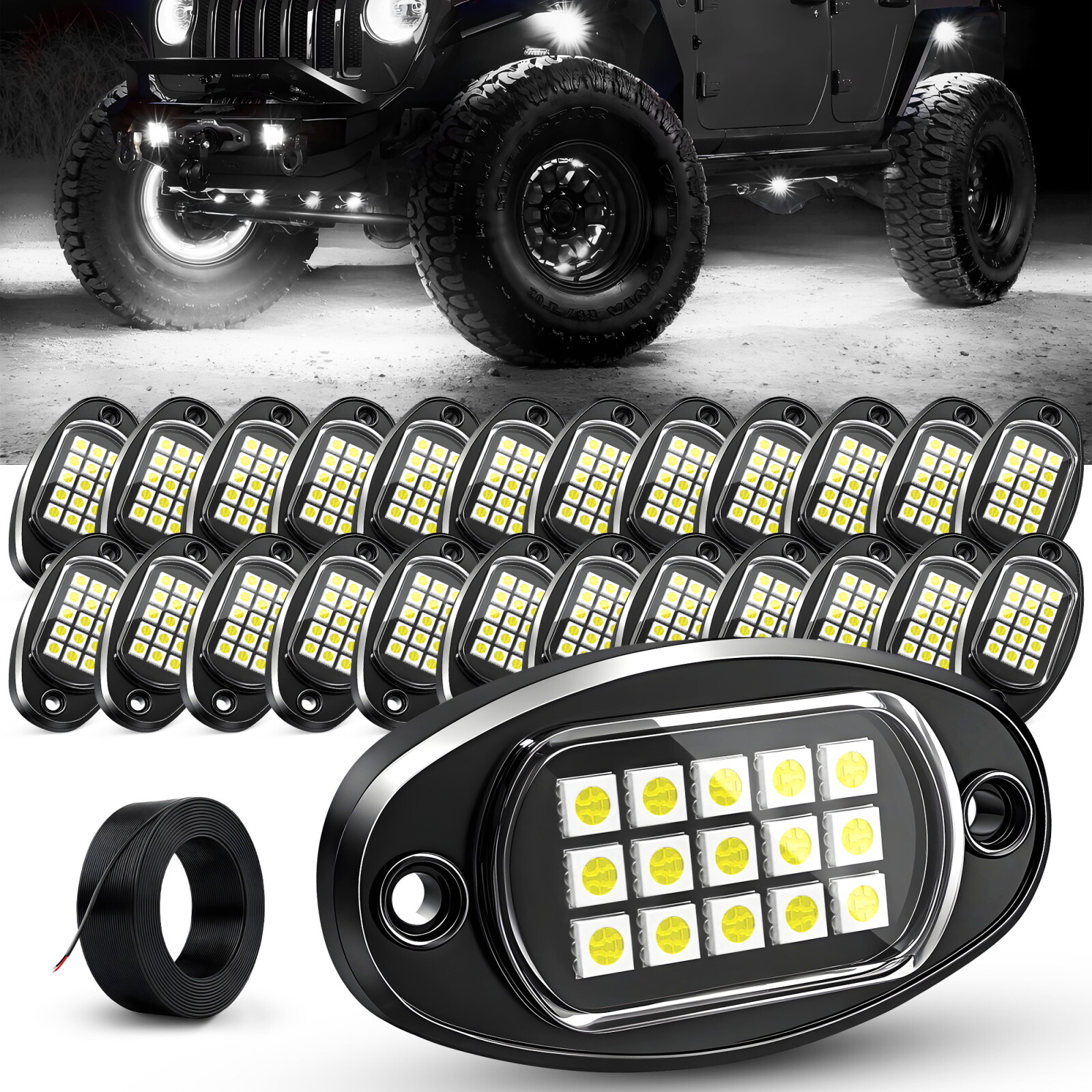 24 Pods Pure White LED Rock Lights Offroad Under Car Truck Underbody Lights Kits