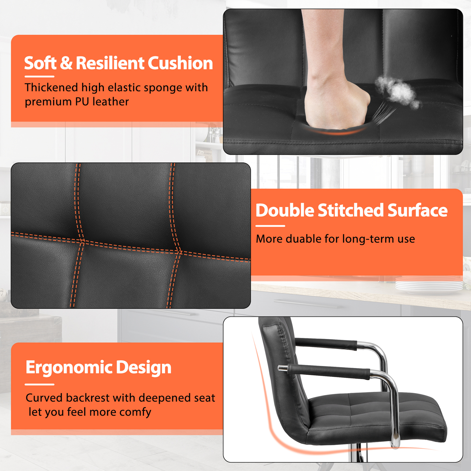 Set of 4 Bar Stools Swivel Adjustable Bar Chairs PU Leather w/Backrest & Armrest