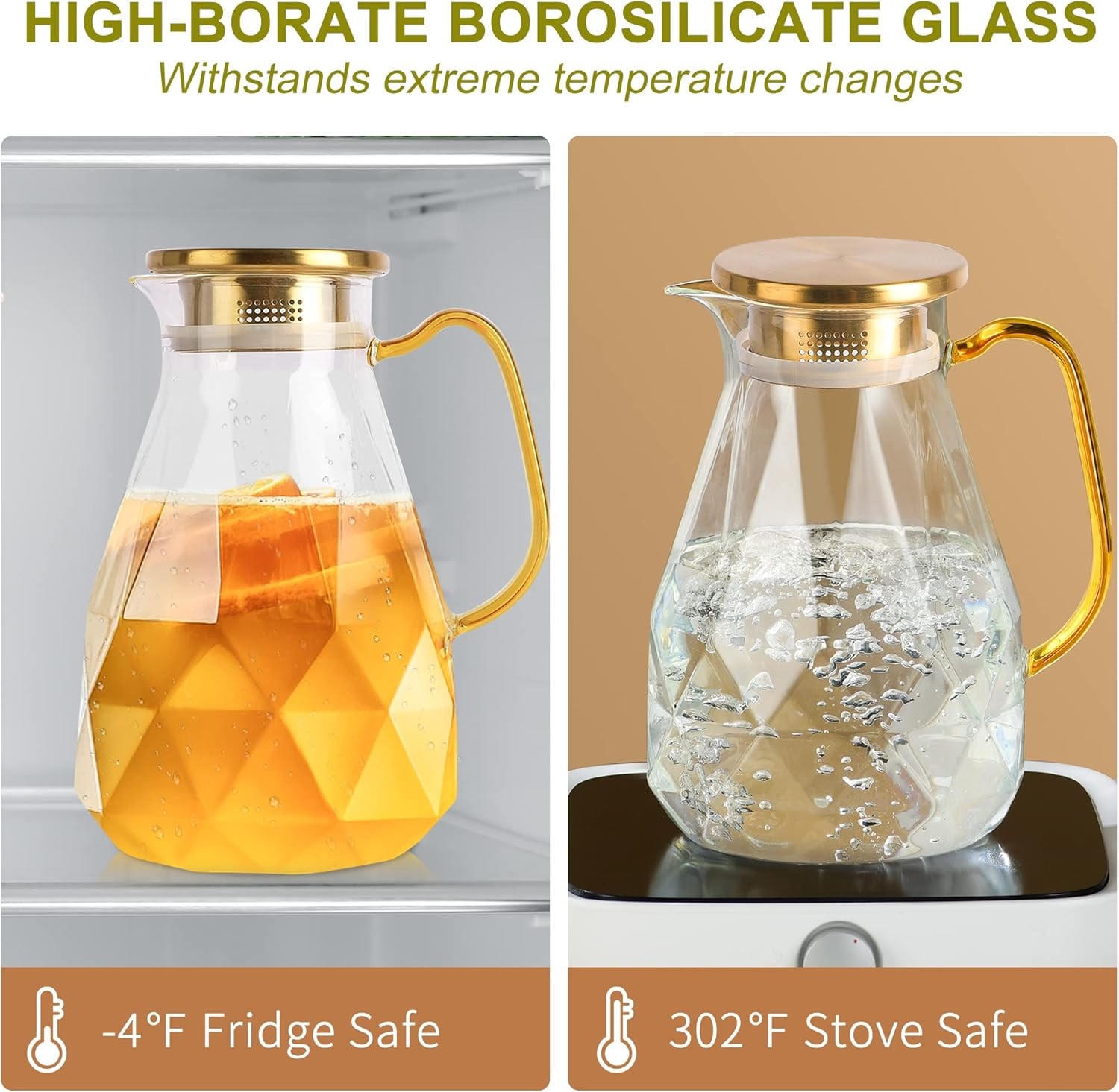 Glass Pitcher, 2.2 Liter Water Pitcher With Lid,Iced Tea Pitcher for Fridge