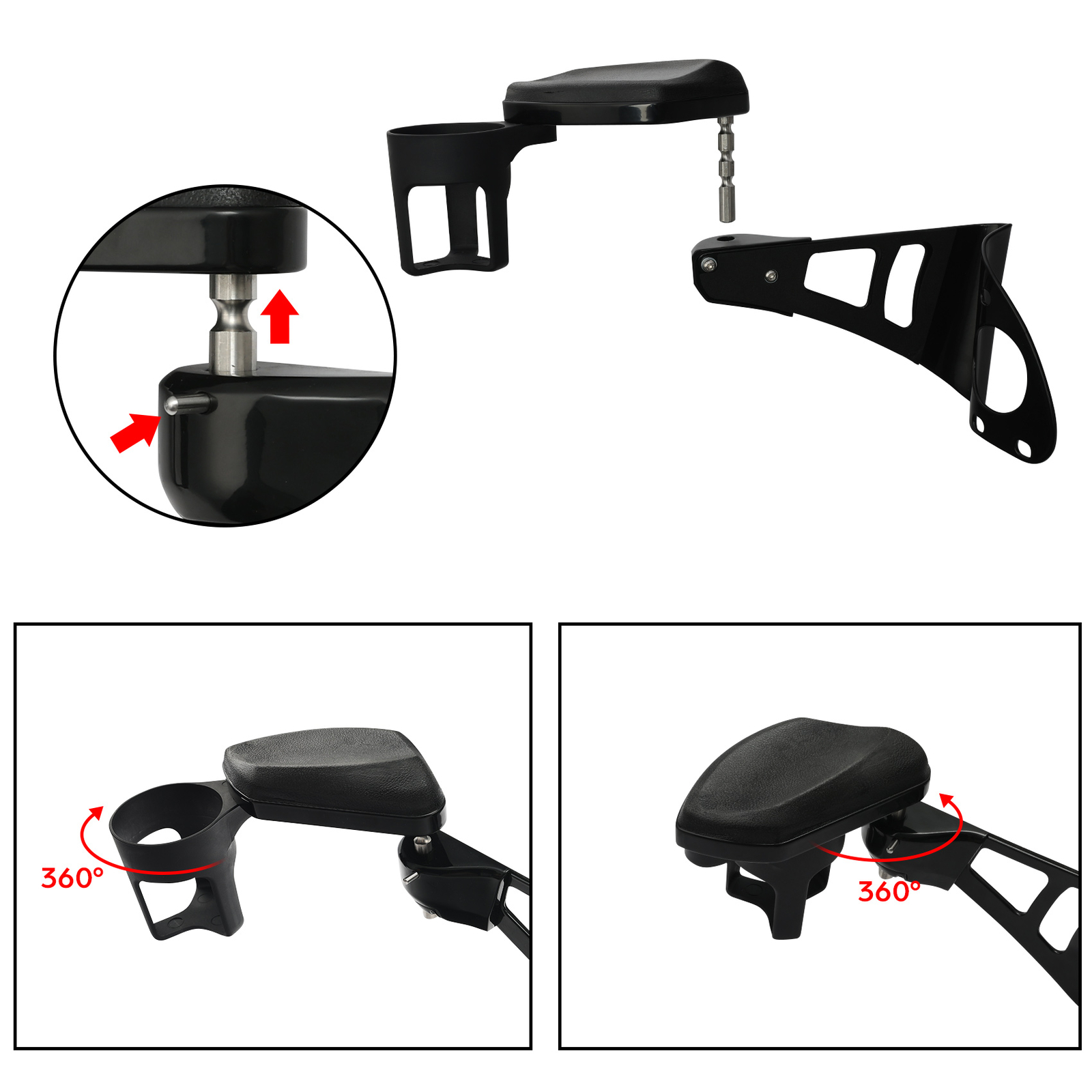 Black Passenger Arm Rests Armrests Drink Holder Fit For Harley Touring 2014-2024