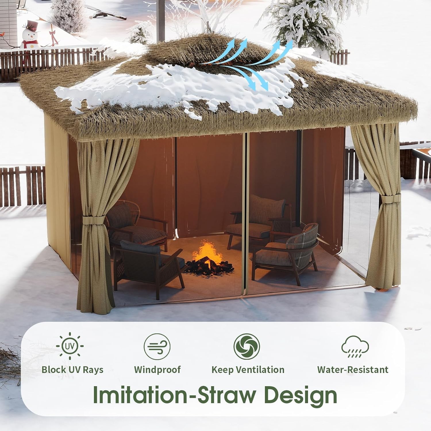 Double Thatched Roof Canopy,Outdoor Aluminum Frame Gazebo with Curtains Netting