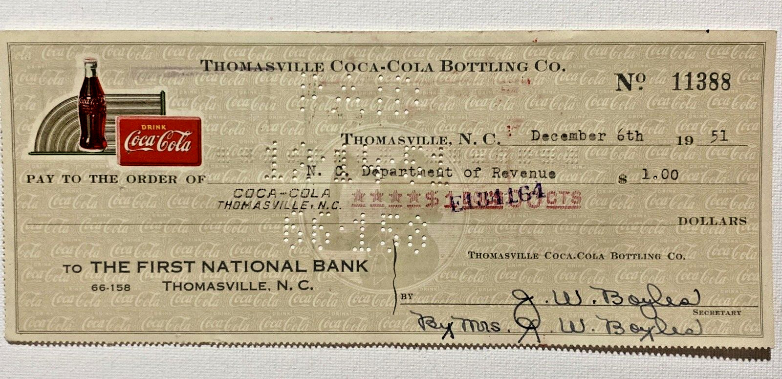 1951 Coca-Cola Bottling CO Coke Canceled Check Thomasville, N.C. National Bank.