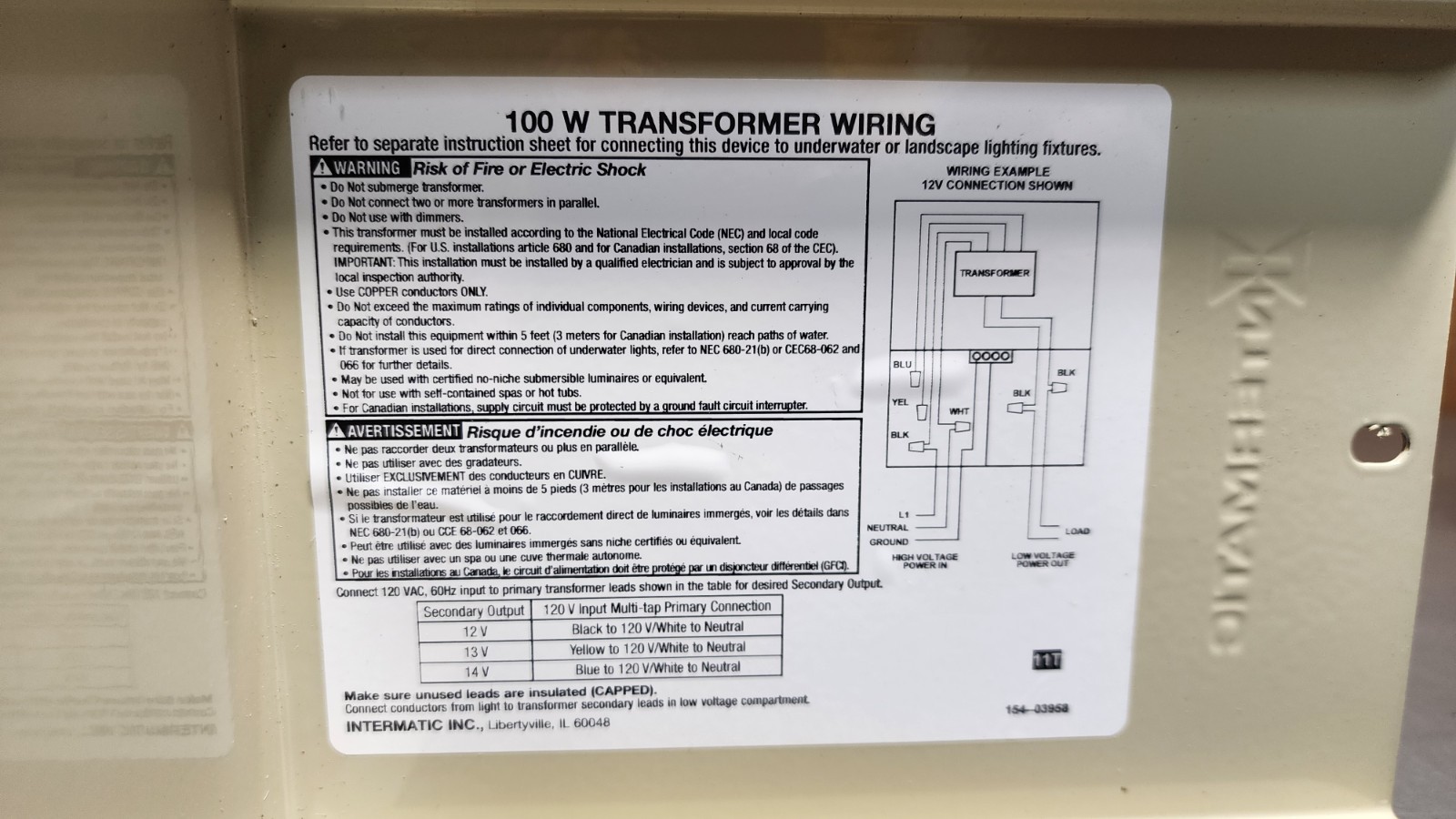 Intermatic PX100 Low Voltage Pool/Spa Light Transformer 12, 13, 14V, 100W *Read