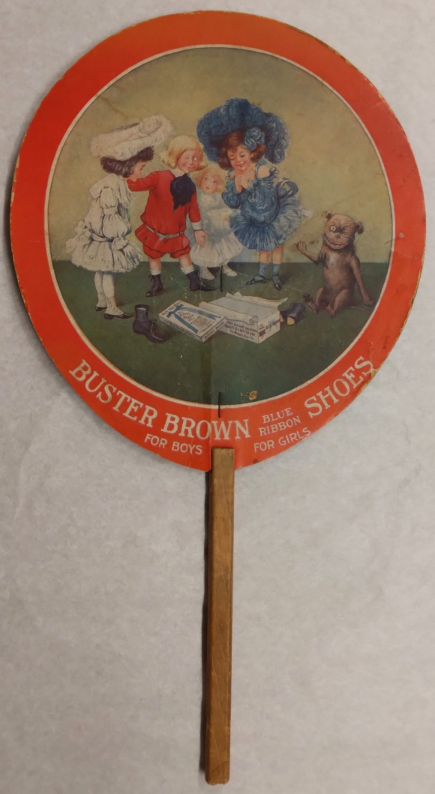 Buster Brown Blue Ribbon Shoes c1910s Handheld Ad Fan Used