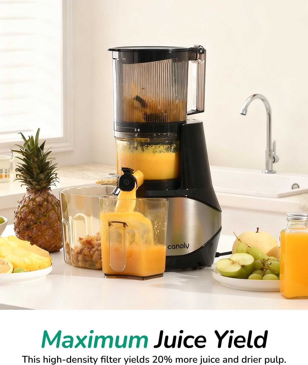 Canoly C09 Cold Press Juicer, 6" Extra Wide Feed Chute, 3-IN-1 Strainers (Juice
