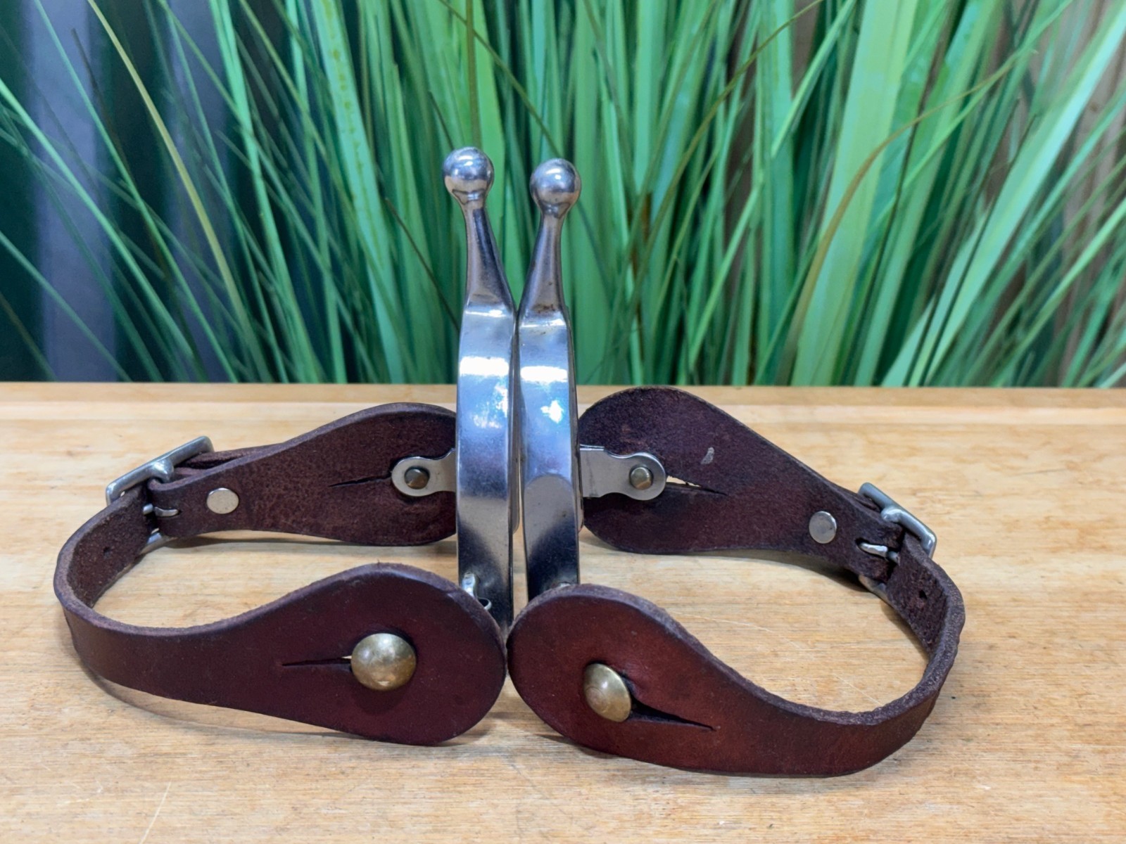 Stainless Steel BALL END Western Spurs w Leather Straps