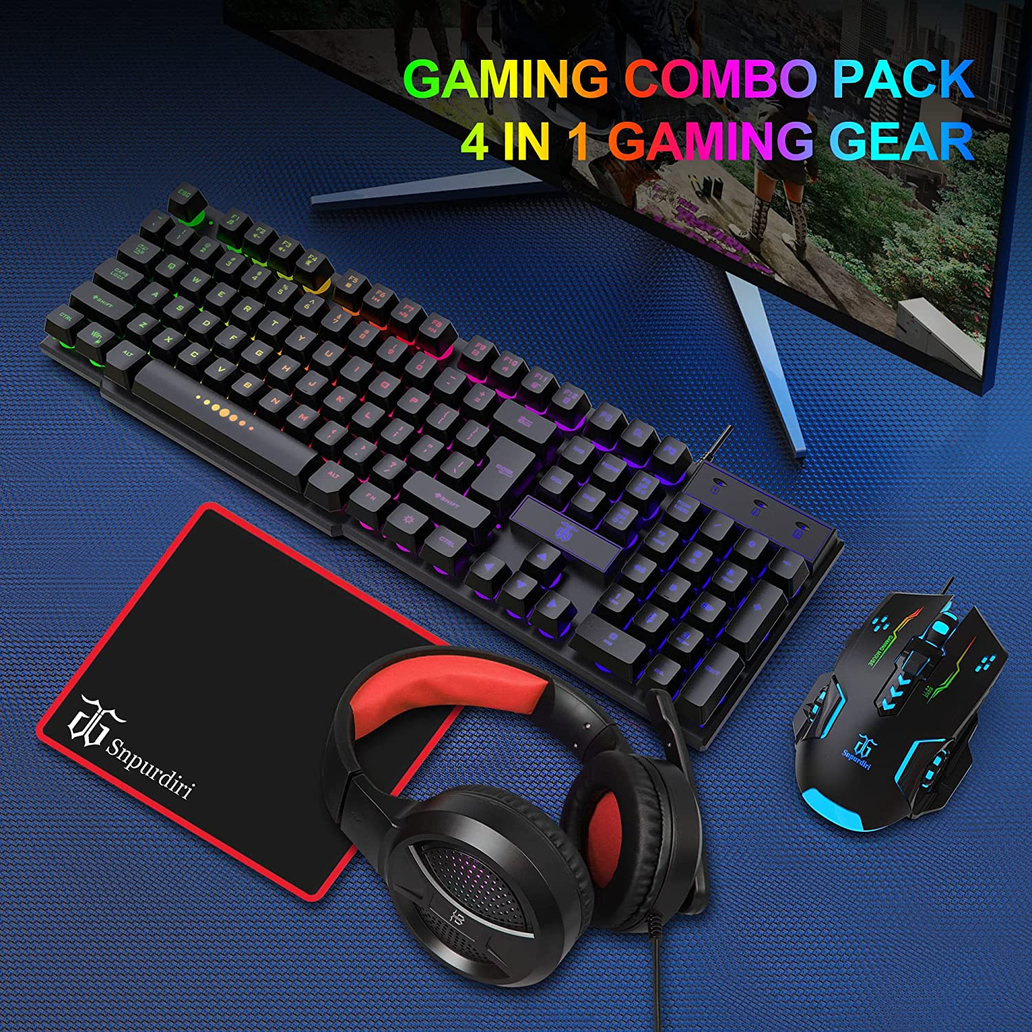 Snpurdiri Wired Gaming Combo Keyboard & Mouse, Headphones, Mouse pad for PC