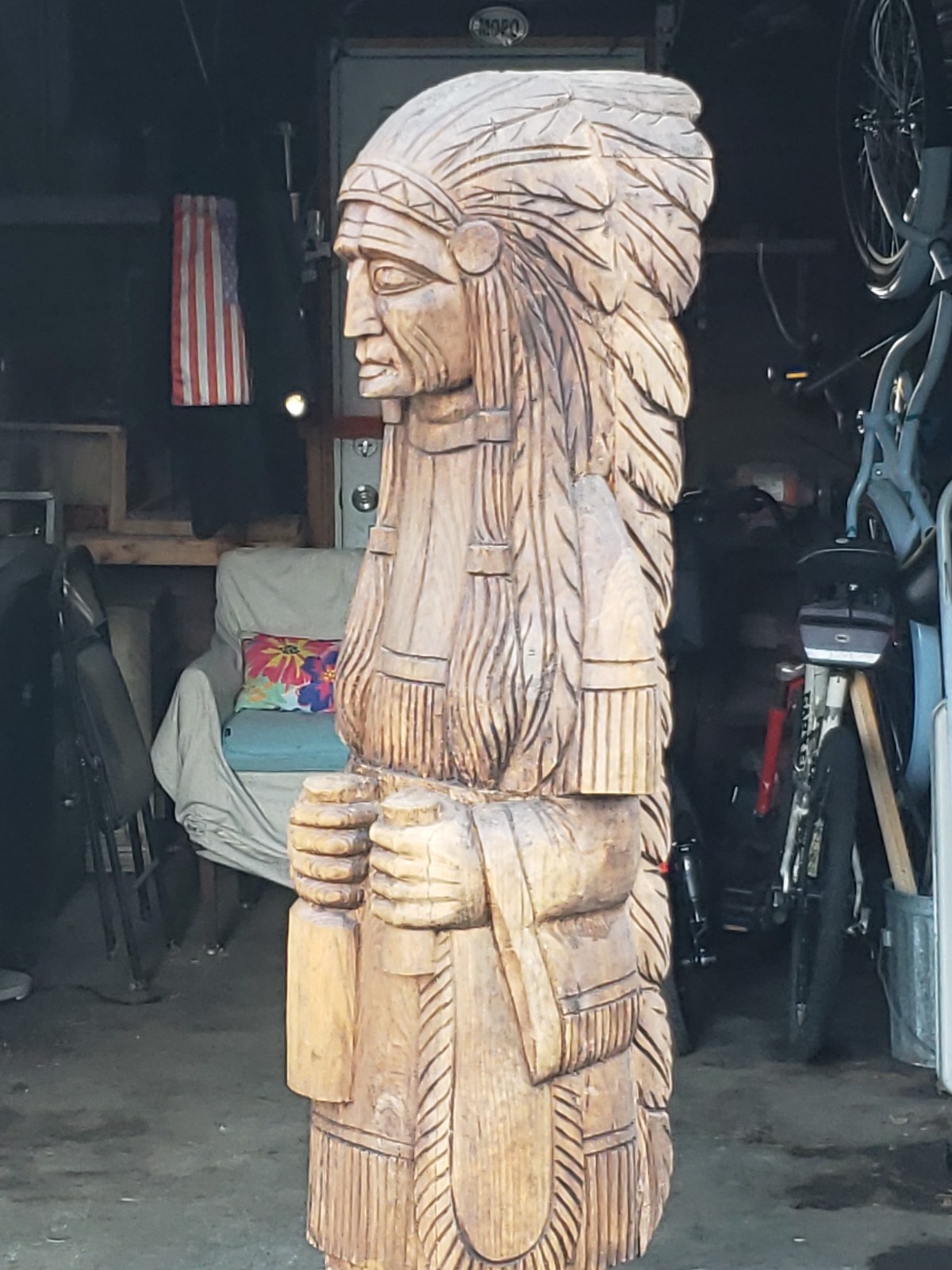 One of a kind 6' / 72lbs. CIGAR STORE INDIAN hand carved from oak