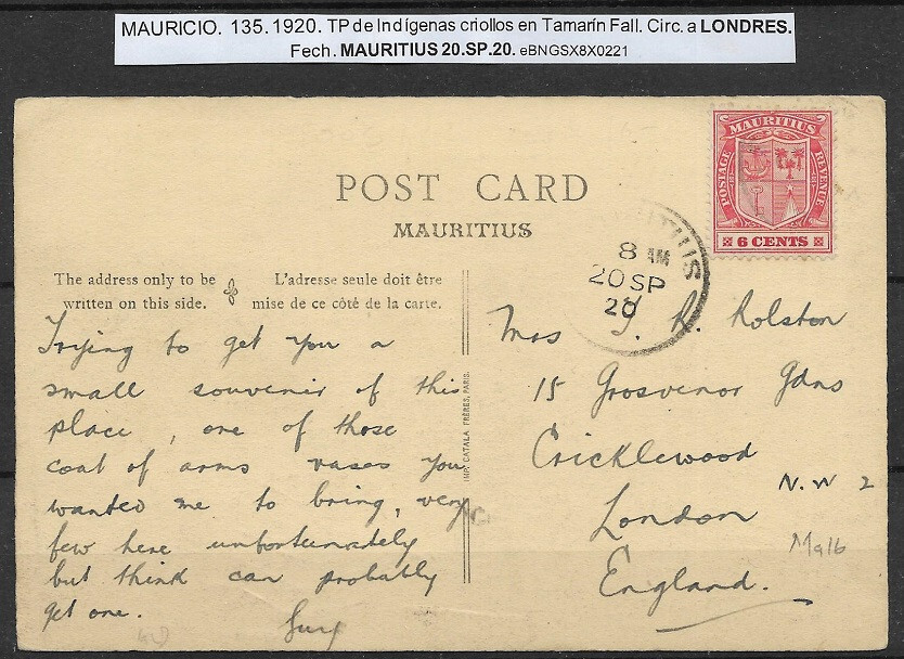 Mauritius: 1920; Postcard natives in Tamarin Falls, to London, VF, EBB137