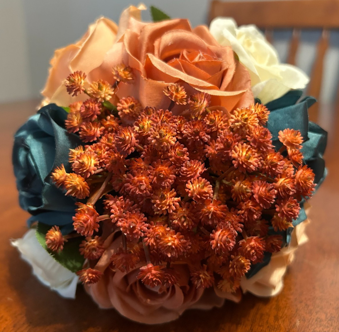 LOT OF 4 PEACH/BURNT ORANGE/TEAL/WHITE ROSES/ETC BRAIDSMAIDS FLORAL BOUQUETS-x2
