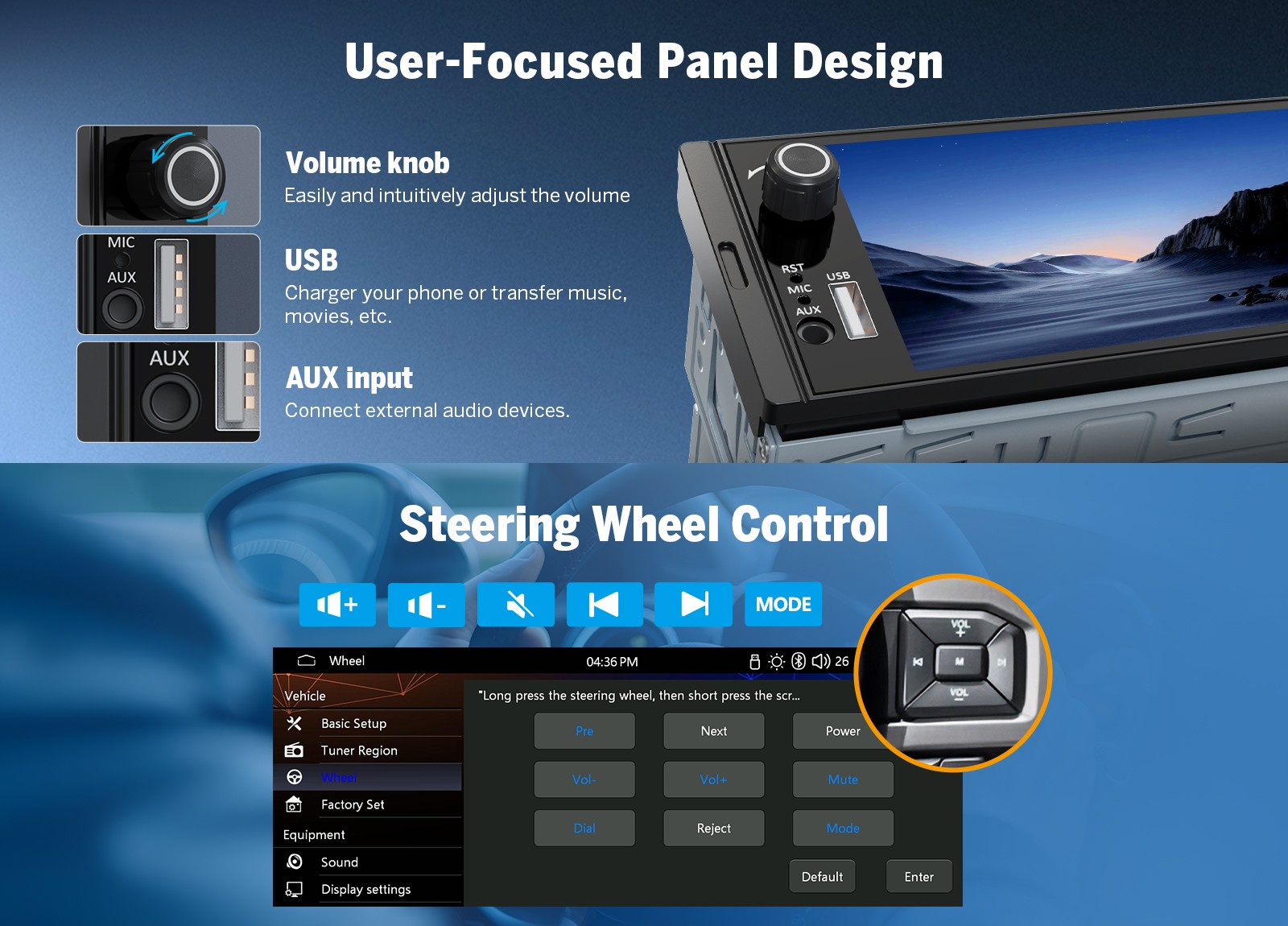 Wireless CarPlay Android Auto 6.36" 1DIN Receiver w/ Bluetooth 5.3 RDS AM/FM USB