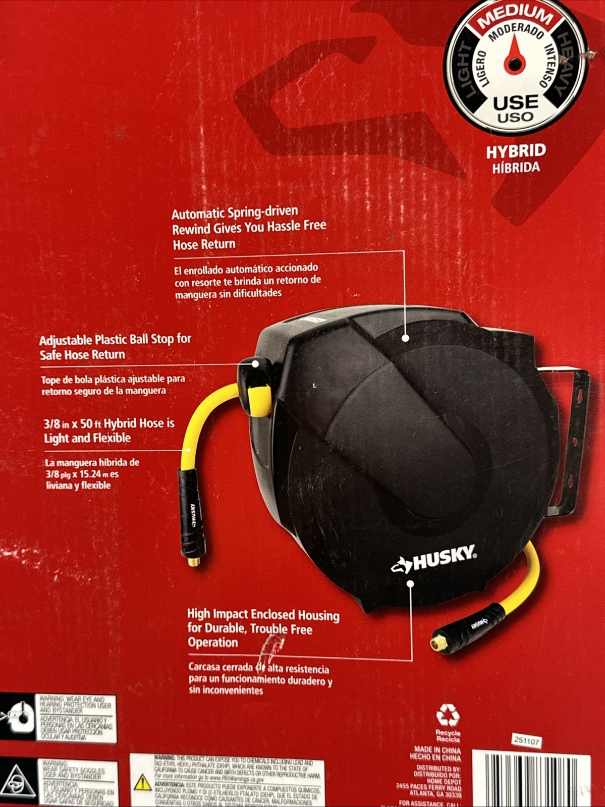 New Husky 3/8 " x 50' Hybrid Air Hose With Self Retracting Enclosed Hose Reel