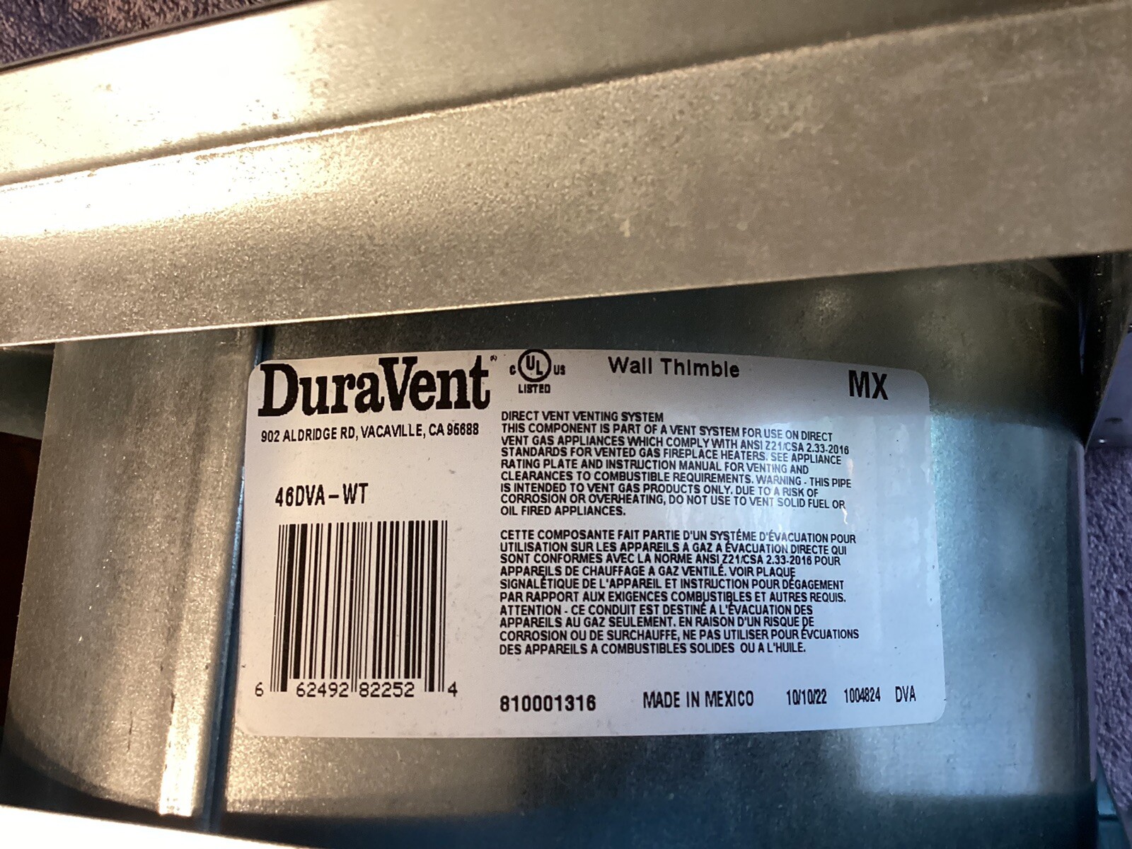 DuraVent 4" x 6” DirectVent Pro Galvanized Wall Thimble #46DVA-WT….NEW