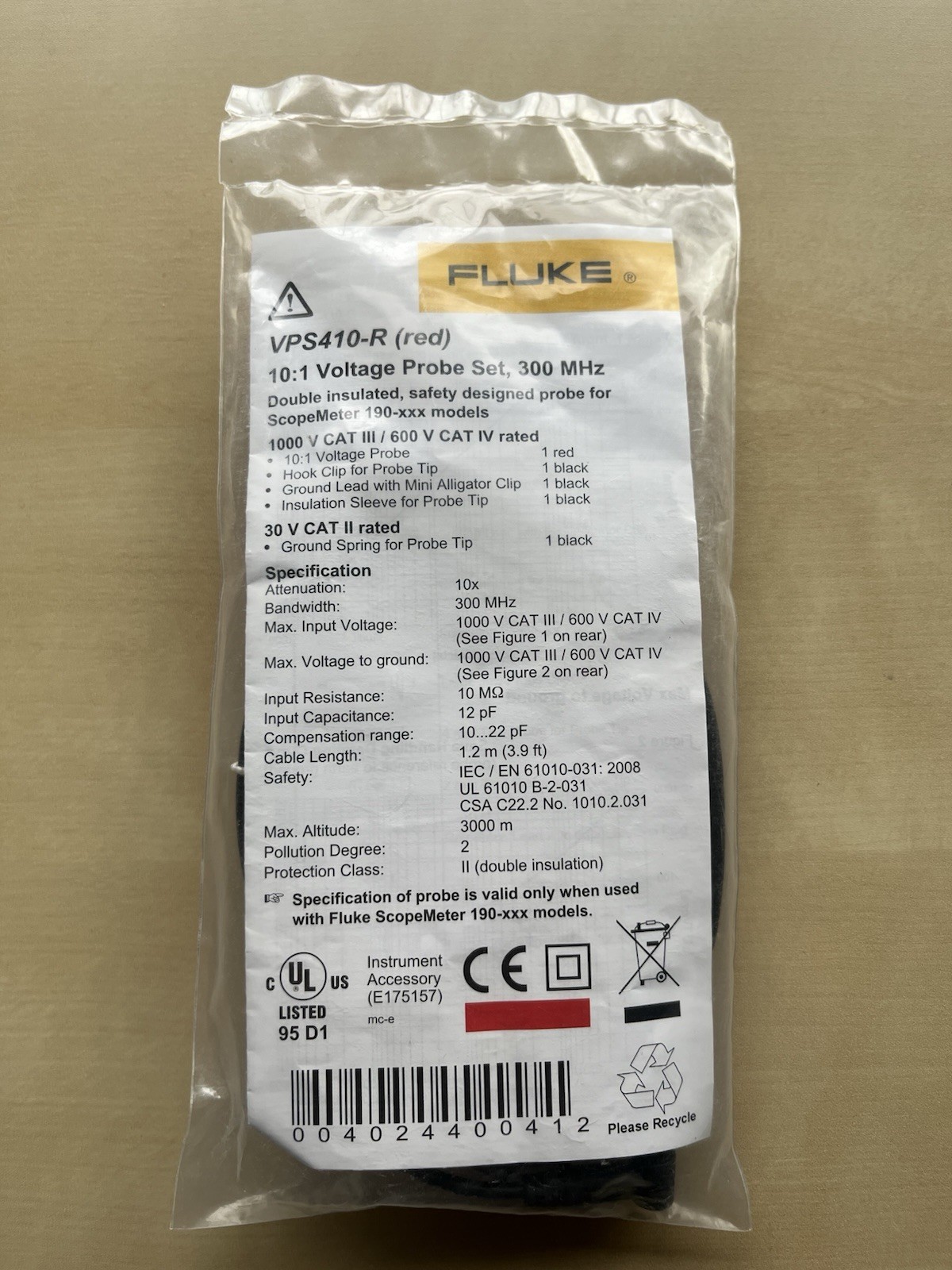 Fluke VPS410-R 10:1 Voltage Probe Set 300 MHz for ScopeMeter 190 Series