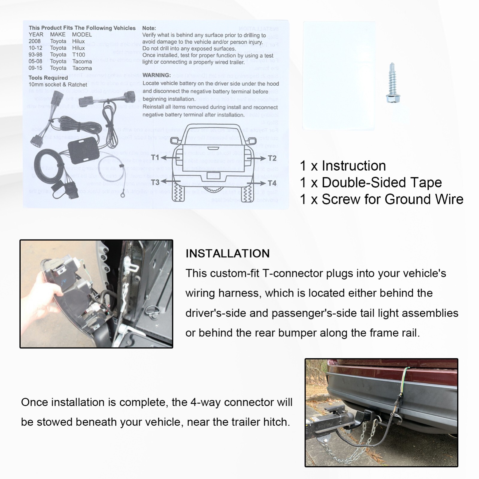 Custom T-connector Harness 4-Way Flat Trailer Output for 2005-2015 Toyota Tacoma