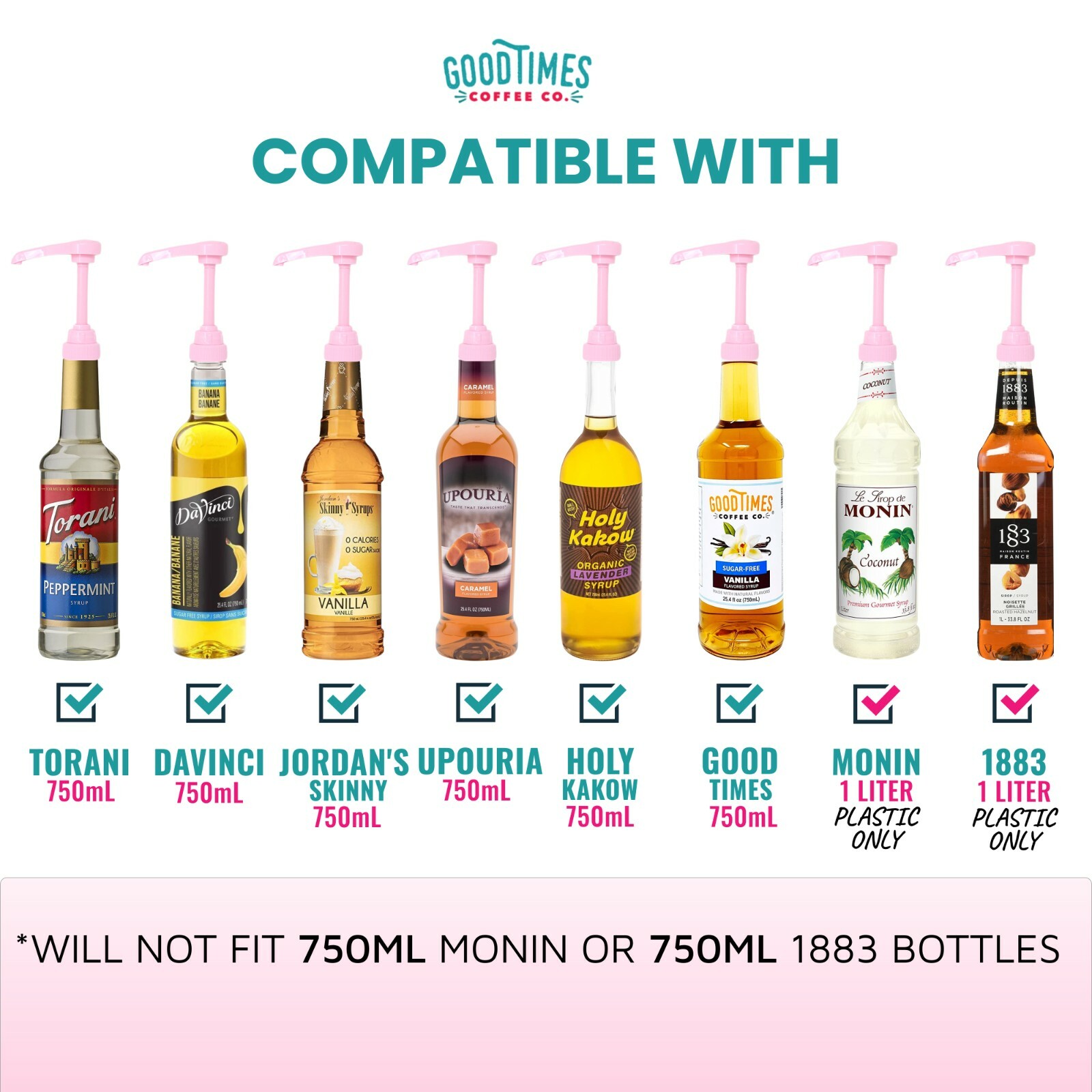 Pink Coffee Syrup Pump for 750 ml Bottles (Pack of 6) Fits Torani and more