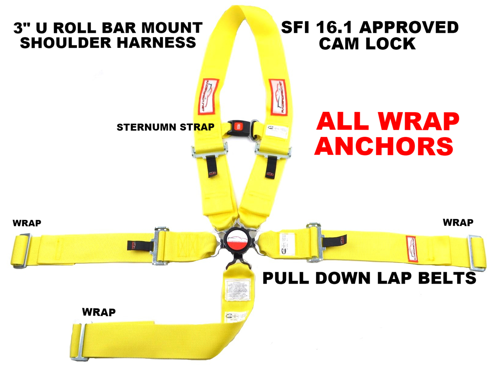 DRAGSTER YELLOW RACE HARNESS ALL WRAP SEAT BELT SFI 16.1 WITH STERNUM STRAP