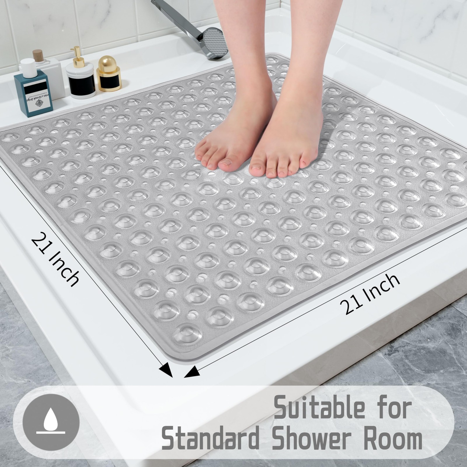 Yimobra Shower Bathtub Mat Non Slip, 21x21 Inch, 21 x 21 inches, Clear Gray