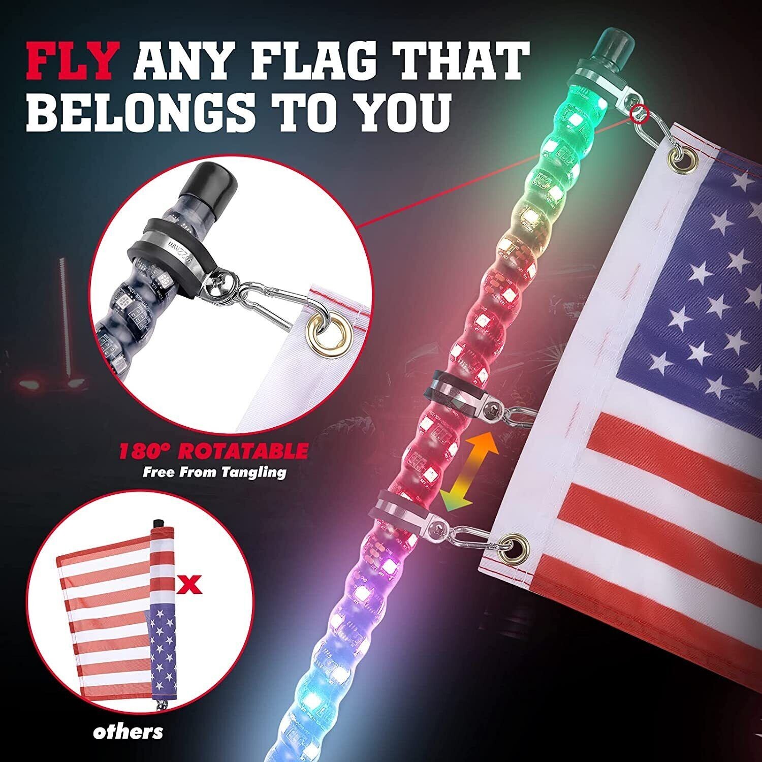 KEMIMOTO Pair 4ft Whip Lights RGB LED Lighted Antenna w/ Flag&Remote UTV ATV