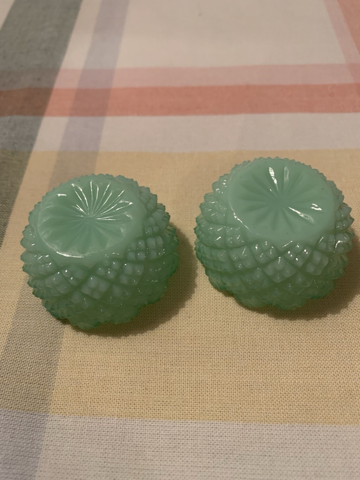 2/ JADITE Green ROUND SAWTOOTH GLASS OPEN SALT CELLAR, c1980's