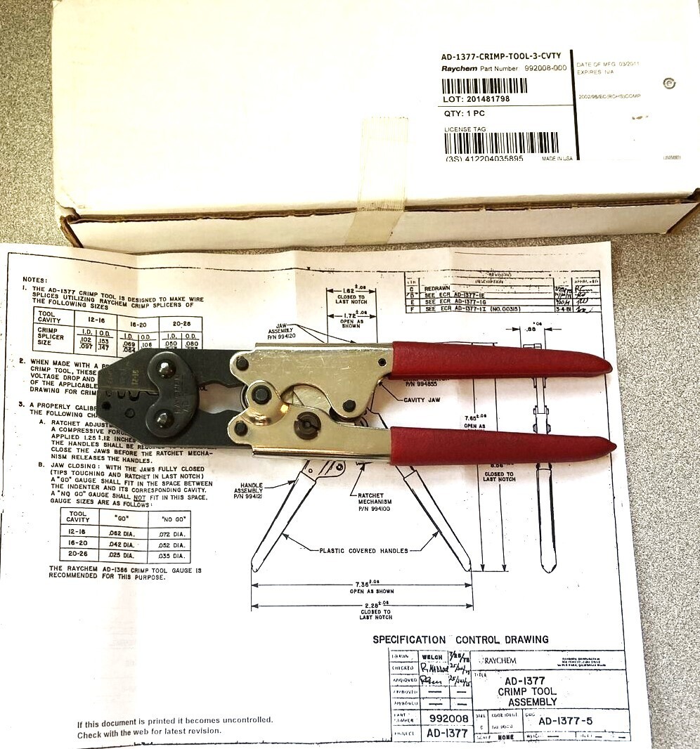 Raychem AD-1377 22-16 AWG Ratcheting Crimper Tool Commercial Grade Butt Splices