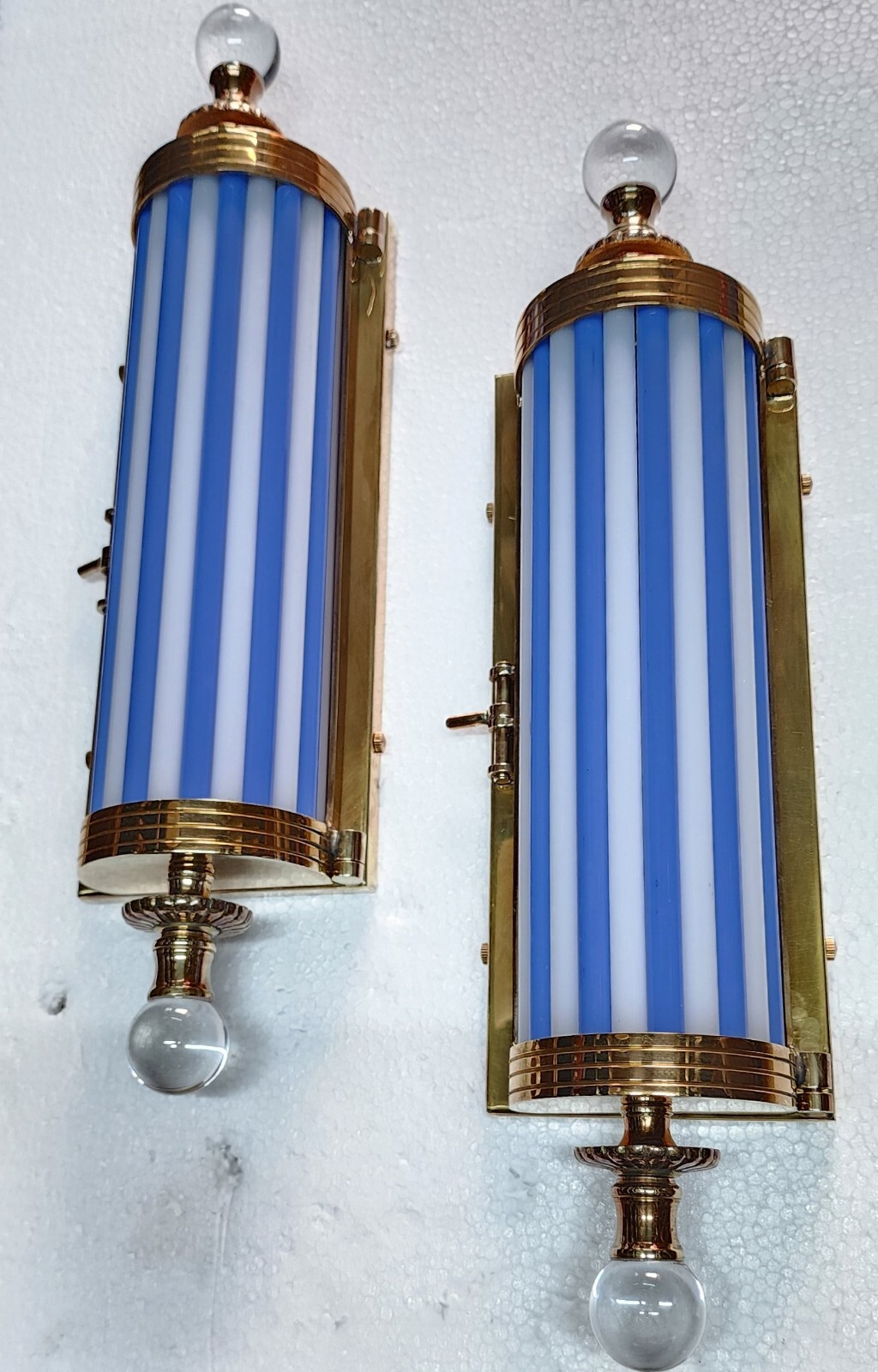 PAIR ANTIQUE VINTAGE ART DECO METRO LIGHT BRASS CASE BLUE ROD WALL SCONCES LAMP