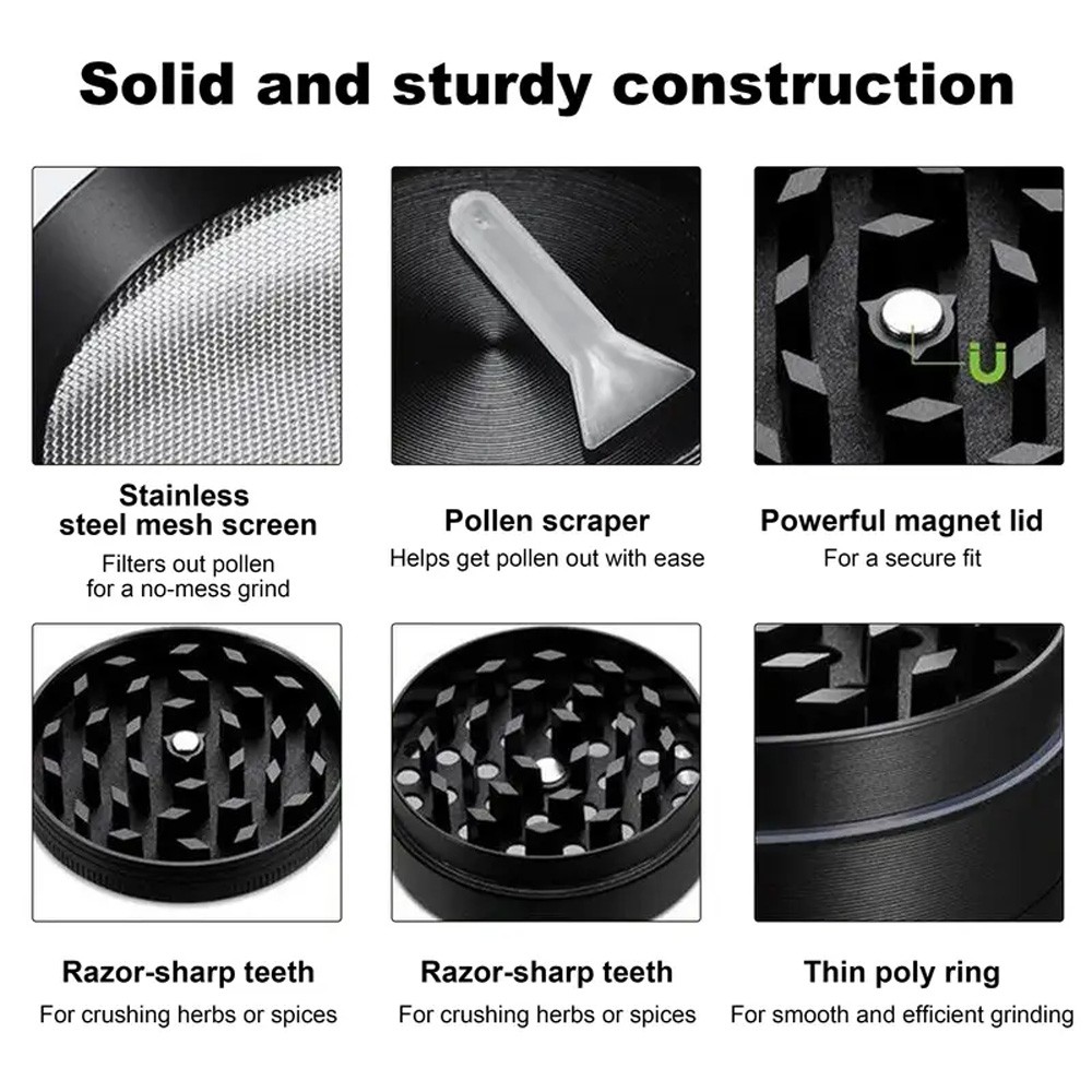 Extra Large Grinder 3 inch XL Herb & Spice, Tobacco Crusher 4 Piece (Black)