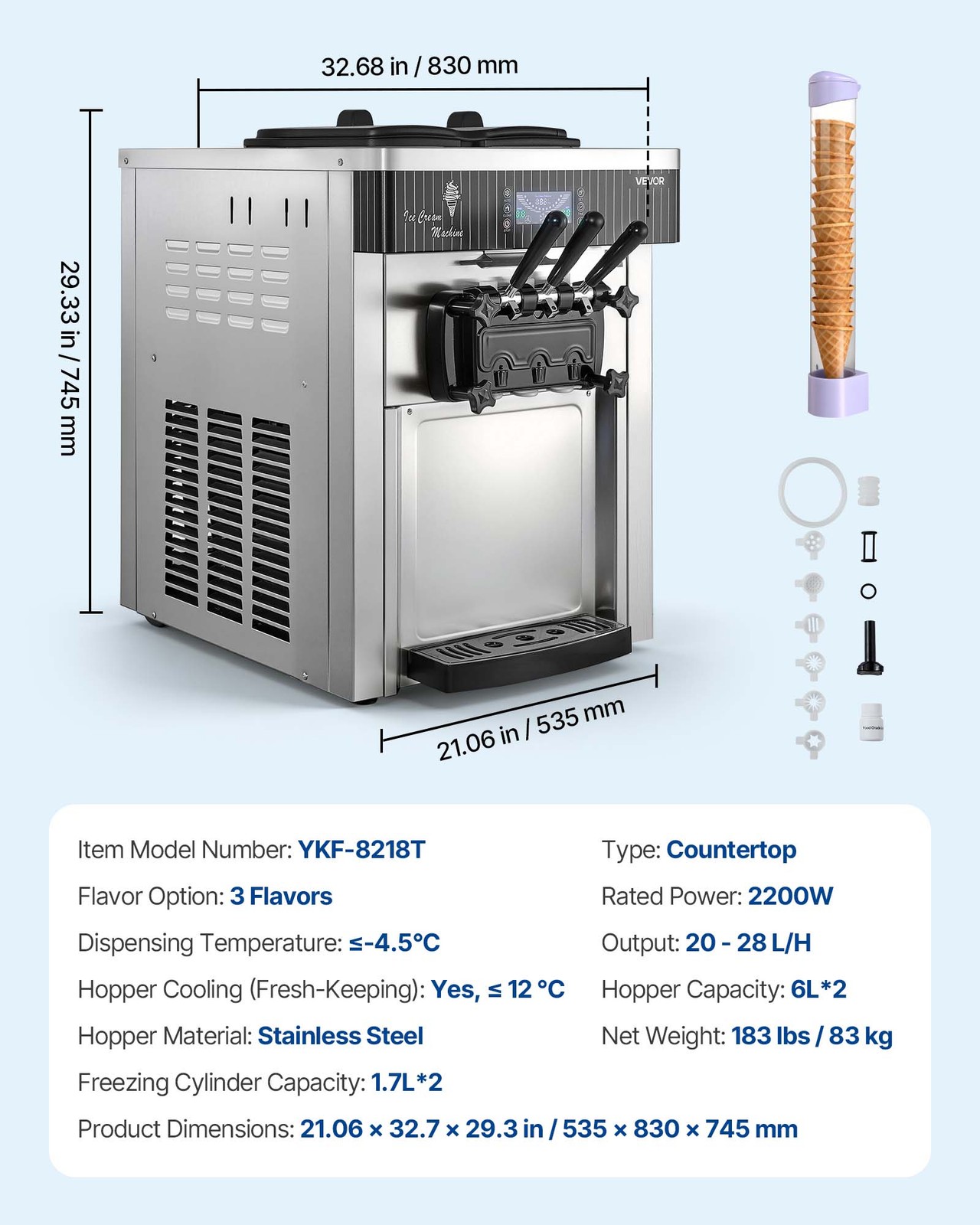 VEVOR Commercial Ice Cream Machine 2200W Pre-Cooling Ice Cream Maker 3 Flavors