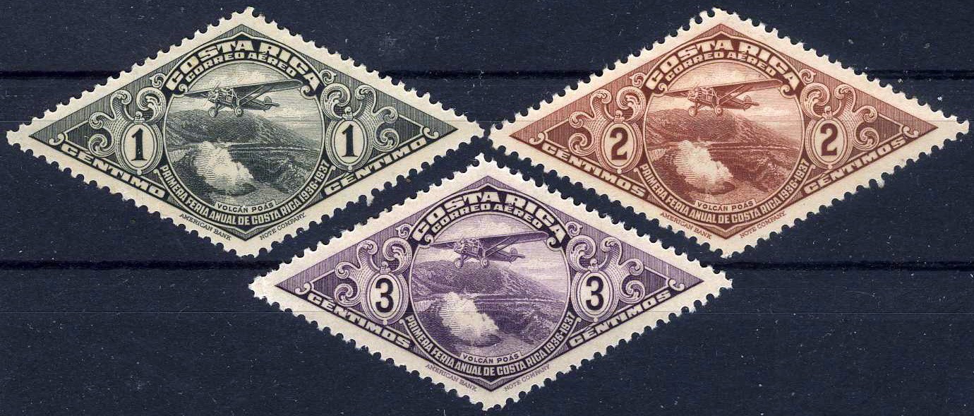 Costa Rica 1937 Plane over Poas Volcano MH (SC# C28-C30)