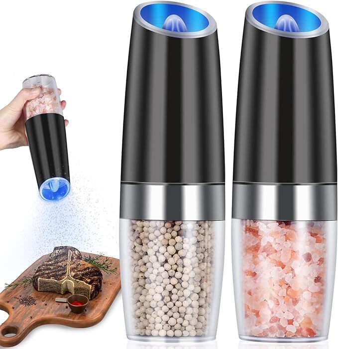 2 Pack Gravity Electric Salt and Pepper Grinder Mill Shaker Adjustable Automatic
