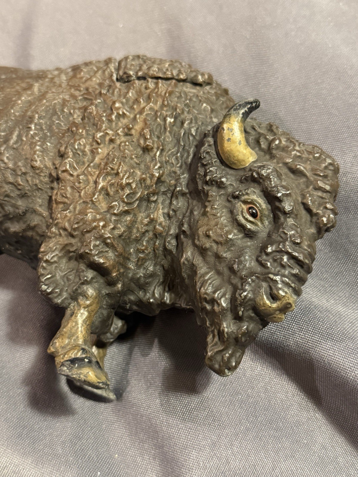 Antique Cold Painted Buffalo Inkwell Sculptural Desk Object w/ insert