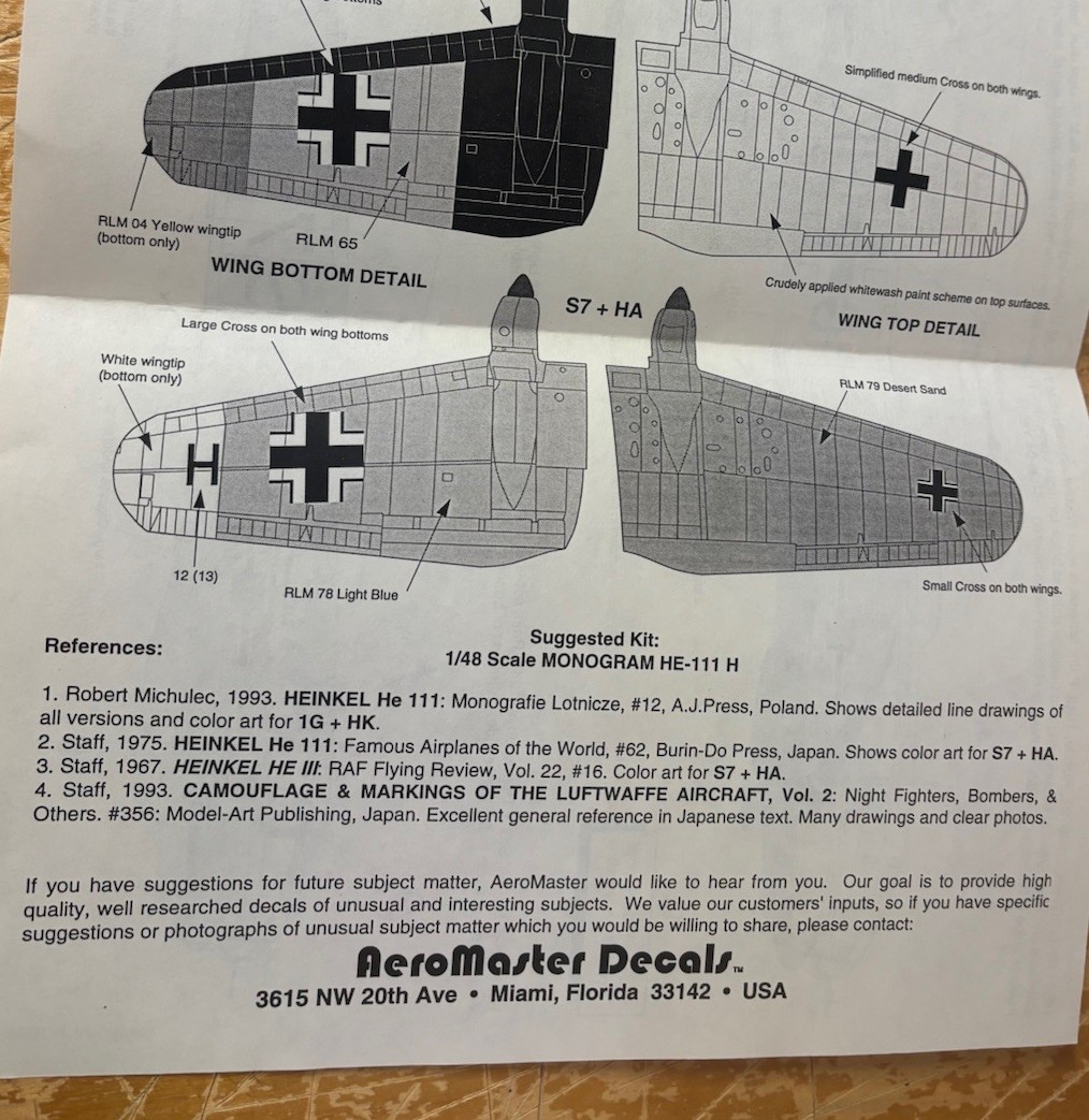 AeroMaster Model Plane Decals 48-121 German Heinkel H-111 1/48 Collection Pt. 1