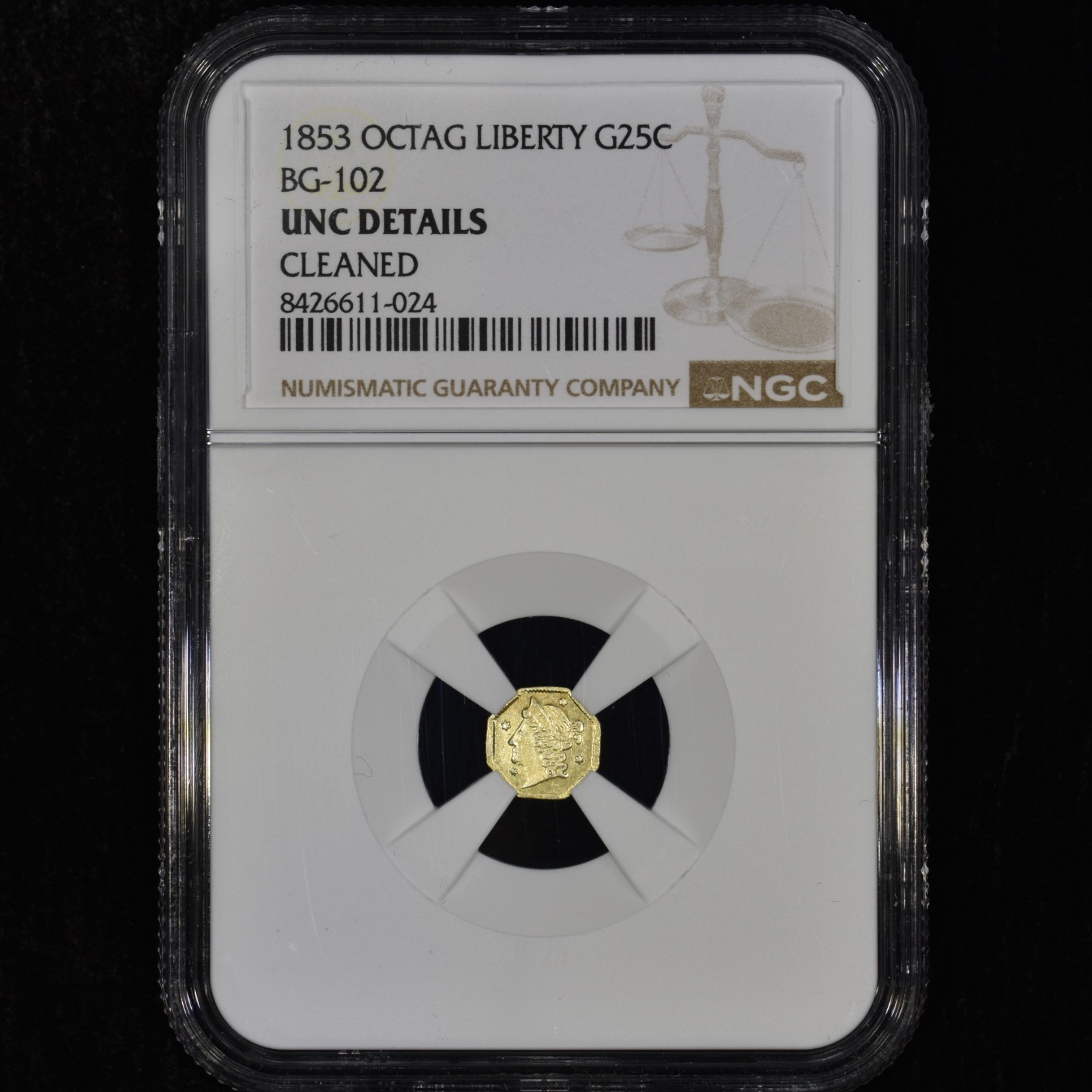 1853 25C CALIFORNIA GOLD ✪ NGC UNC DETAILS ✪ COIN BG-102 OCTAGONAL ◢TRUSTED◣