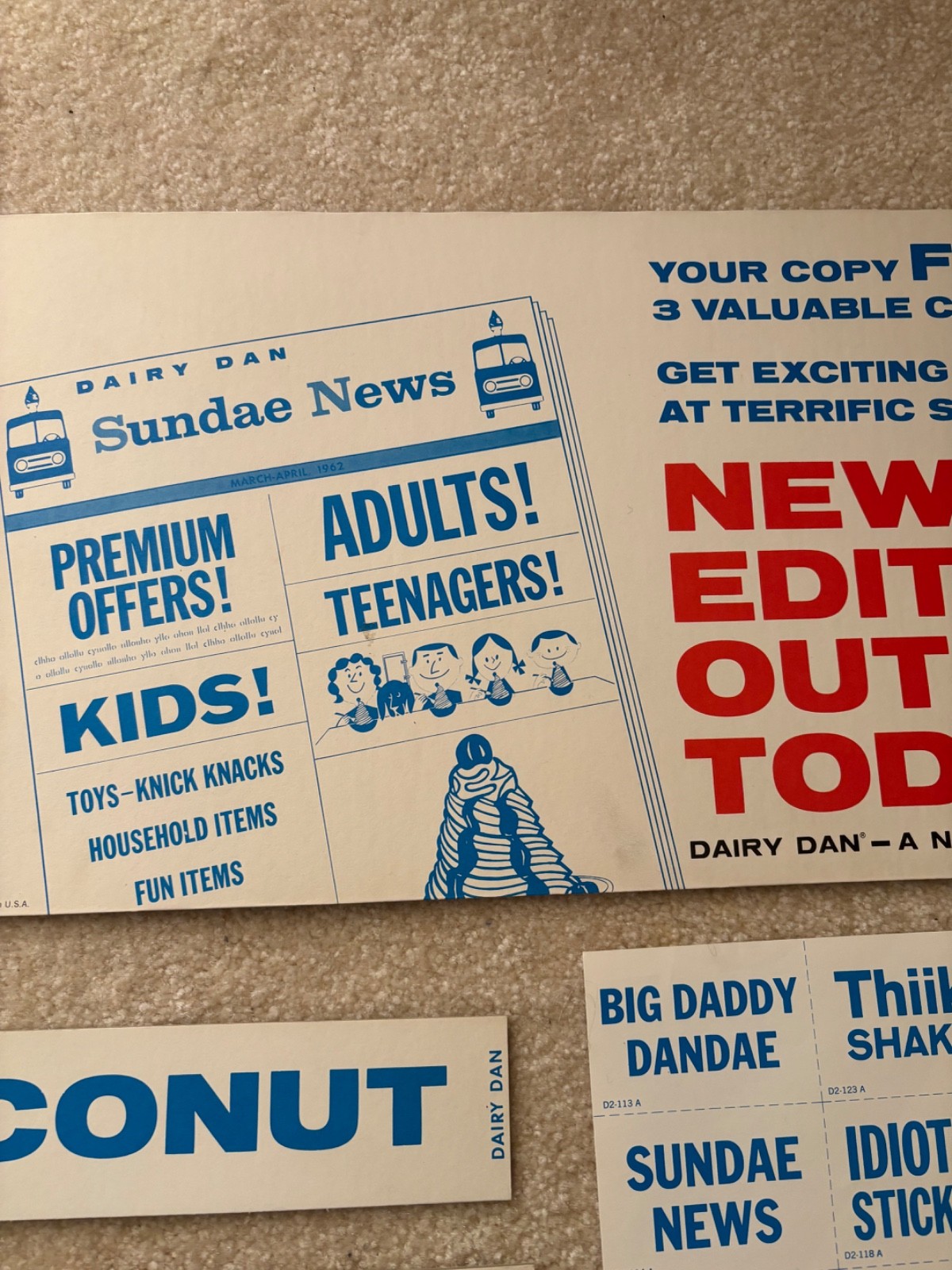 1962 Vintage Dairy Dan Inc. Ice Cream, Daily Flavor Menu Board