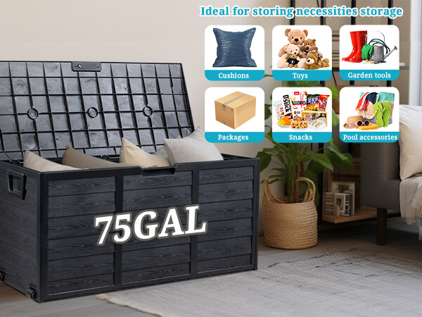 75 Gallon Outdoor Patio Storage Deck Box Garden Bench Weatherproof Resin Black
