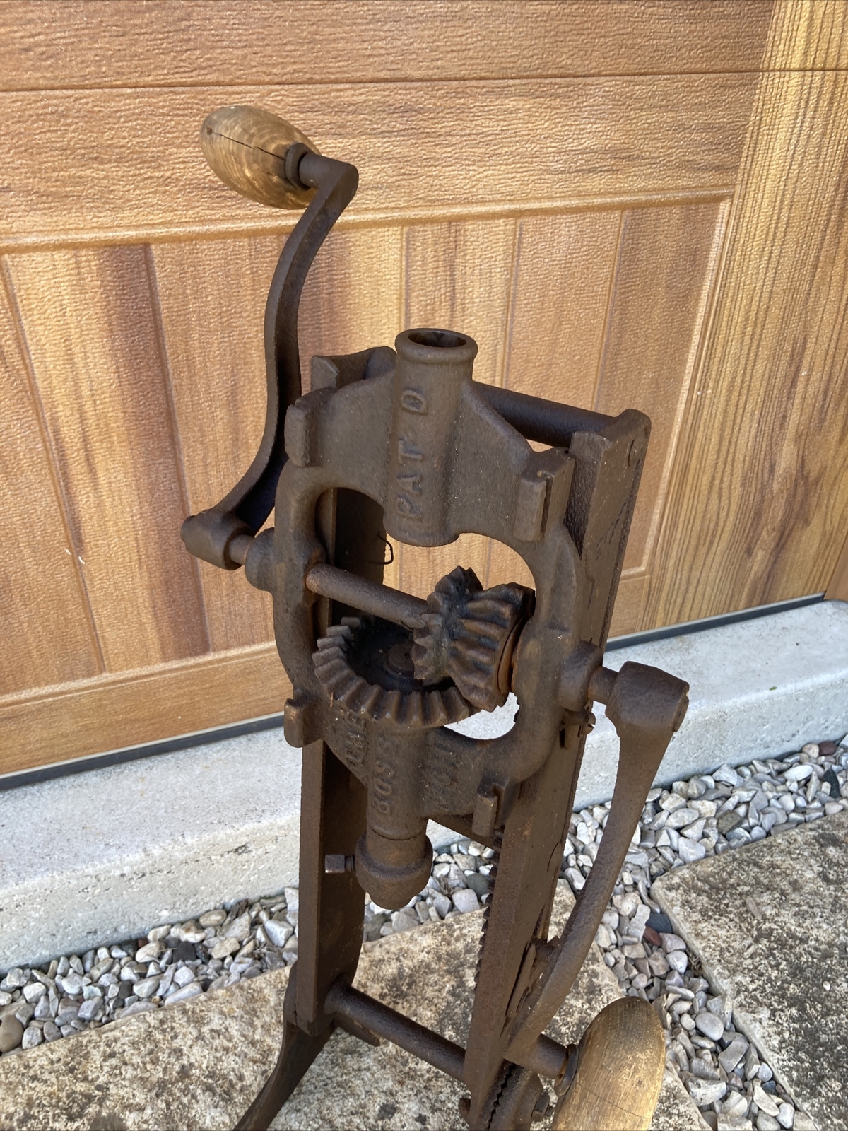 Antique Buckeye Boss Barn Beam Auger Drill Wood Cast Iron Anderson Indiana