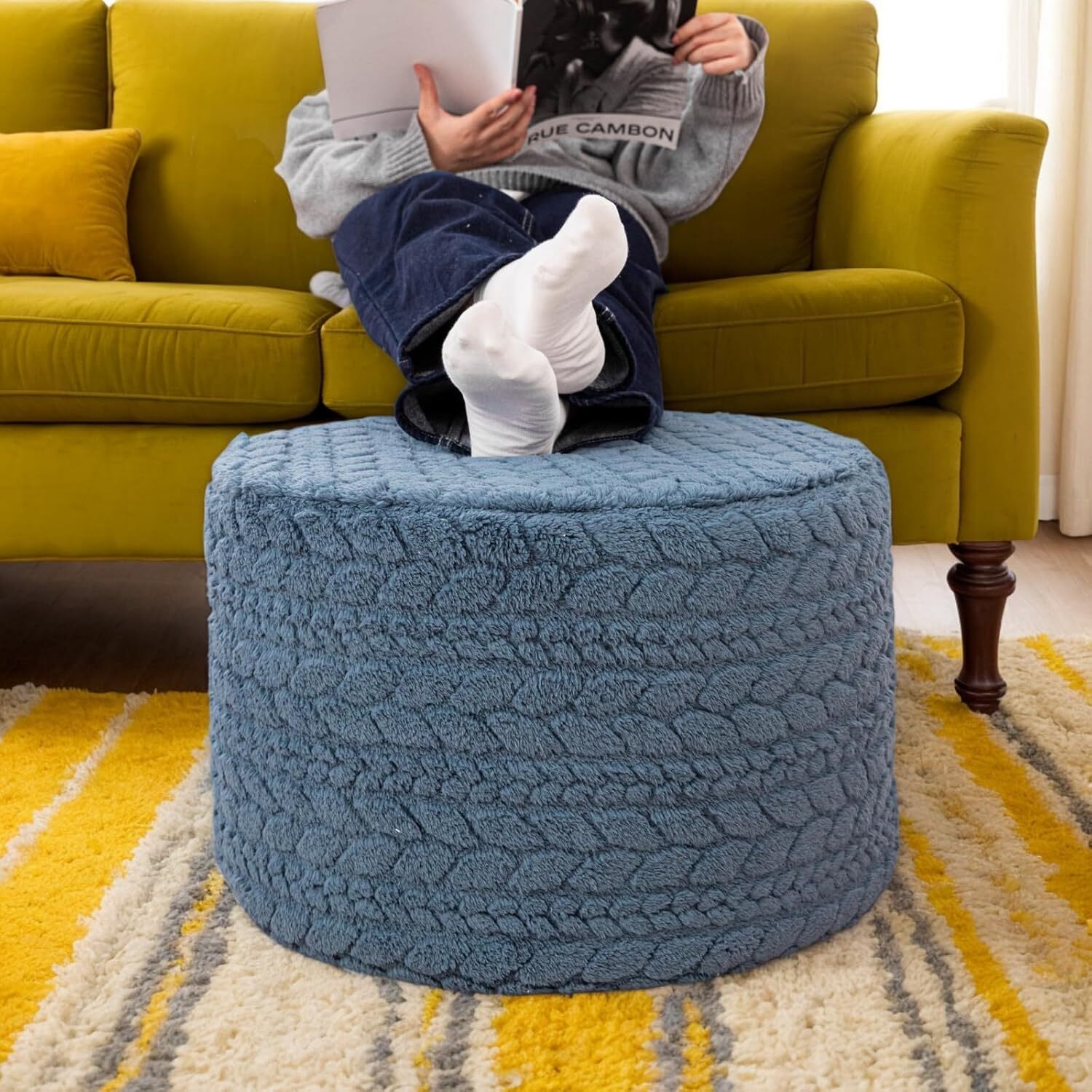 Round Pouf Ottoman 20x14 In Floor Pouffe Ottoman Foot Rest for Couch Living Room