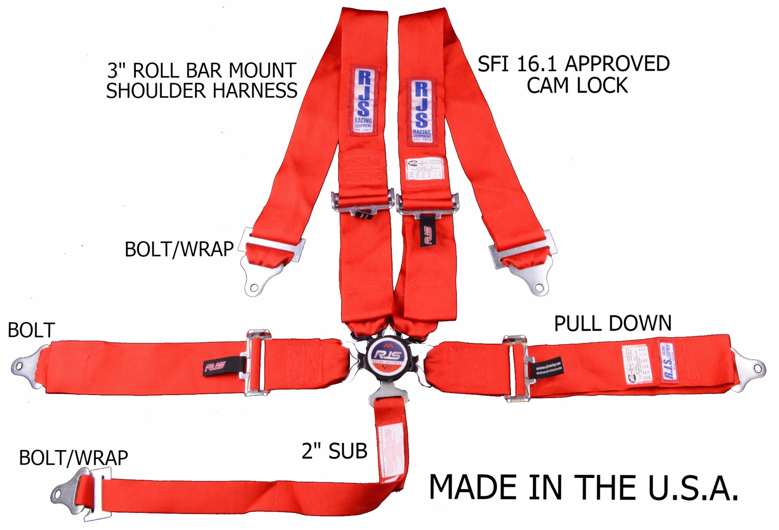 RJS RACING SFI 16.1 CAM LOCK 5 POINT ROLL BAR MOUNT HARNESS RED 1031704