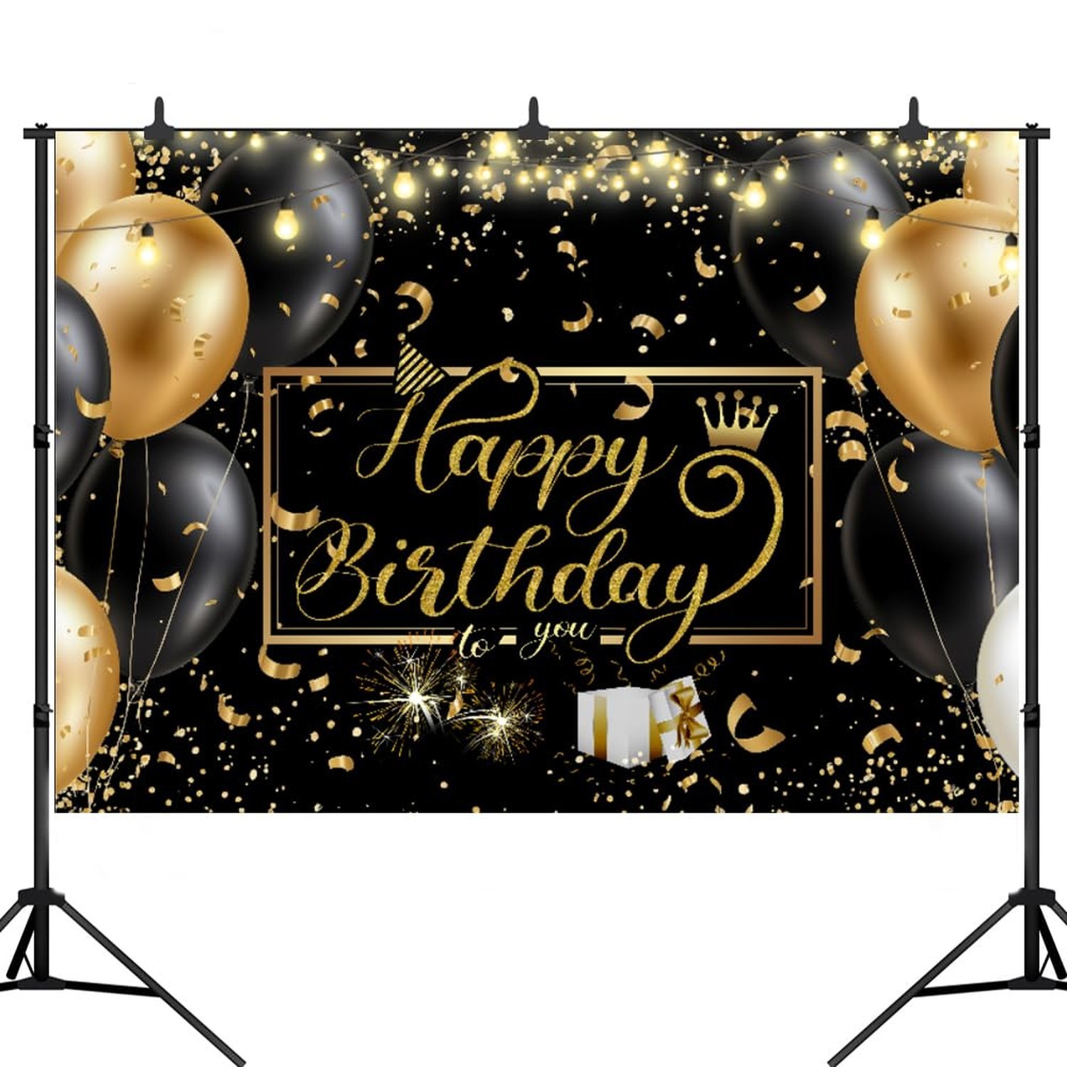 Black and Gold Birthday Backdrop Happy Birthday Backdrop Golden Sparkle Shini...