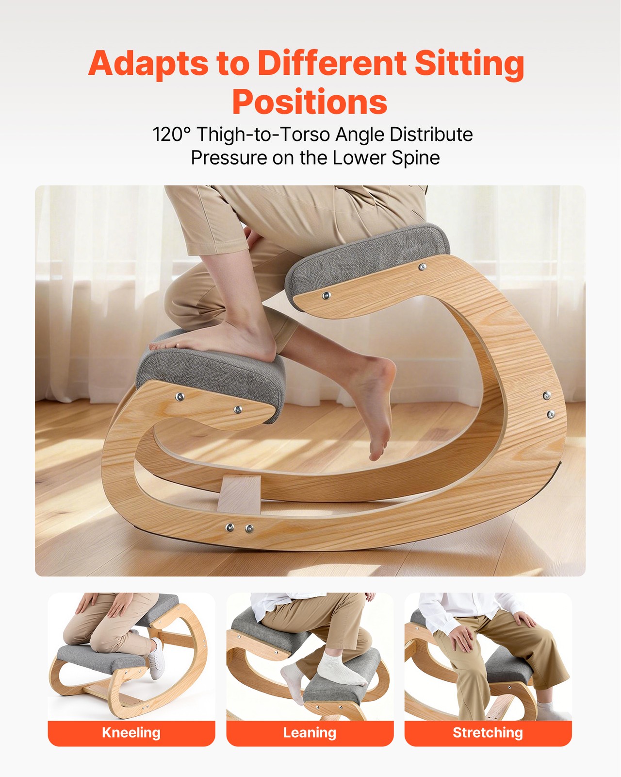 VEVOR Ergonomic Kneeling Chair with Thick Cushions Adjustable Height Gray