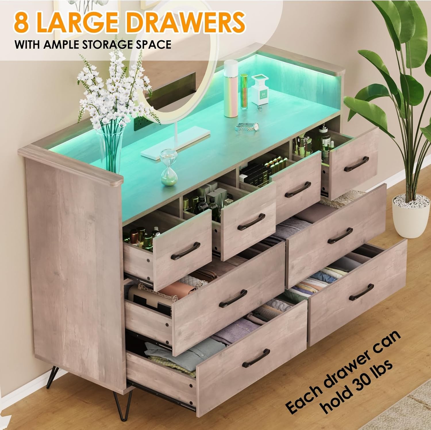 8-Drawer Dresser for Bedroom with LED Light & Power Outlet, 49.1" Wooden Dresser