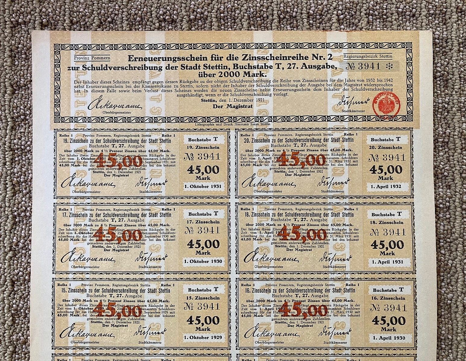 ORIGINAL - (OBSOLETE) GERMAN WEIMAR REPUBLIC BOND FOR STETTIN,GERMANY 2000 MARKS