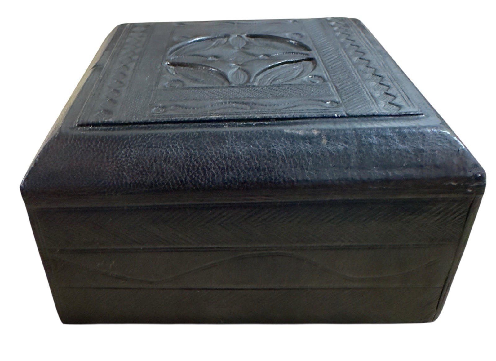 Vintage Saharan Tuareg Hand Tooled Camel Black Leather Talisman Box West Africa