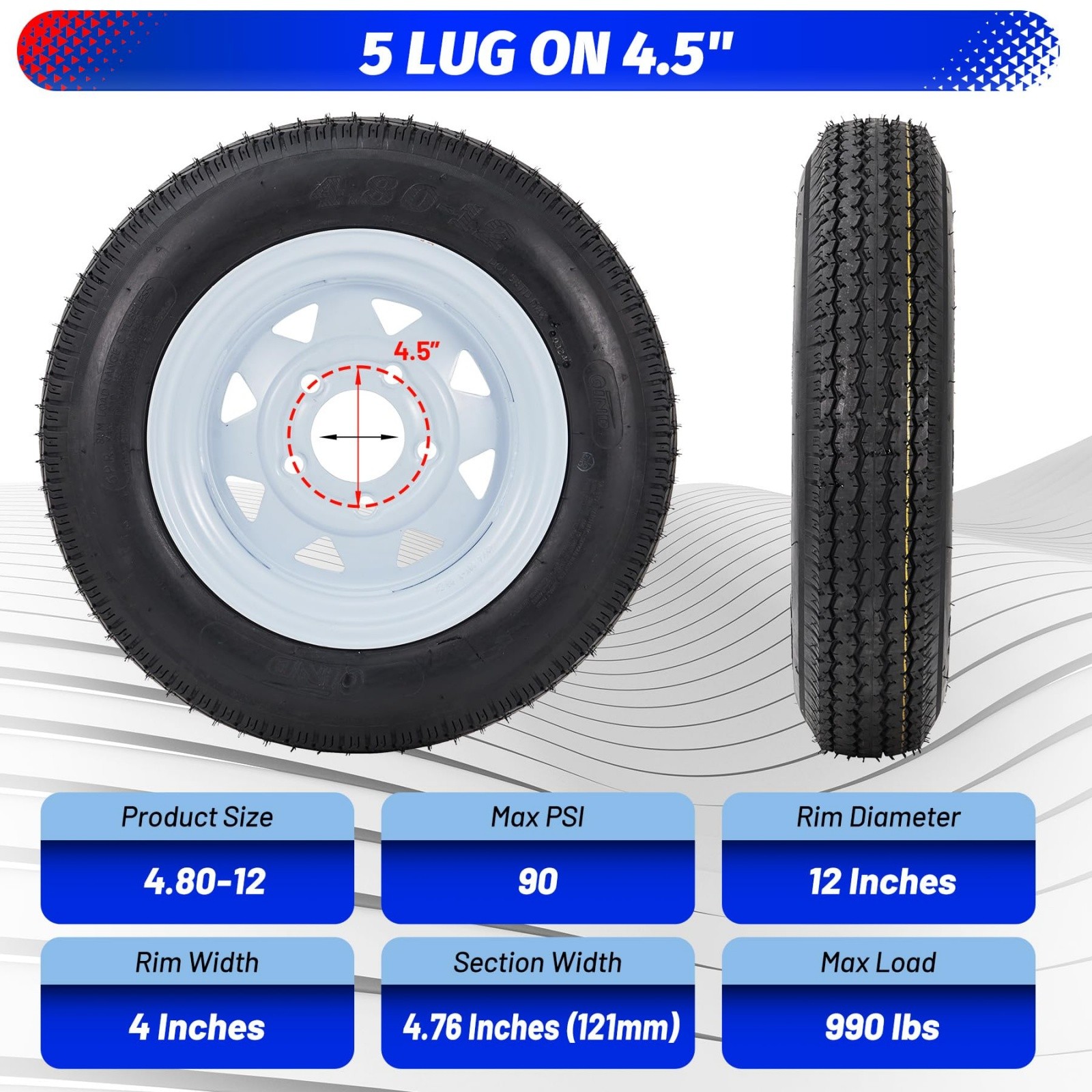 2 Pack 4.80-12 Trailer Tires with 12" Rims 5 Lug on 4.5" Center Bore 2.95" 6Ply