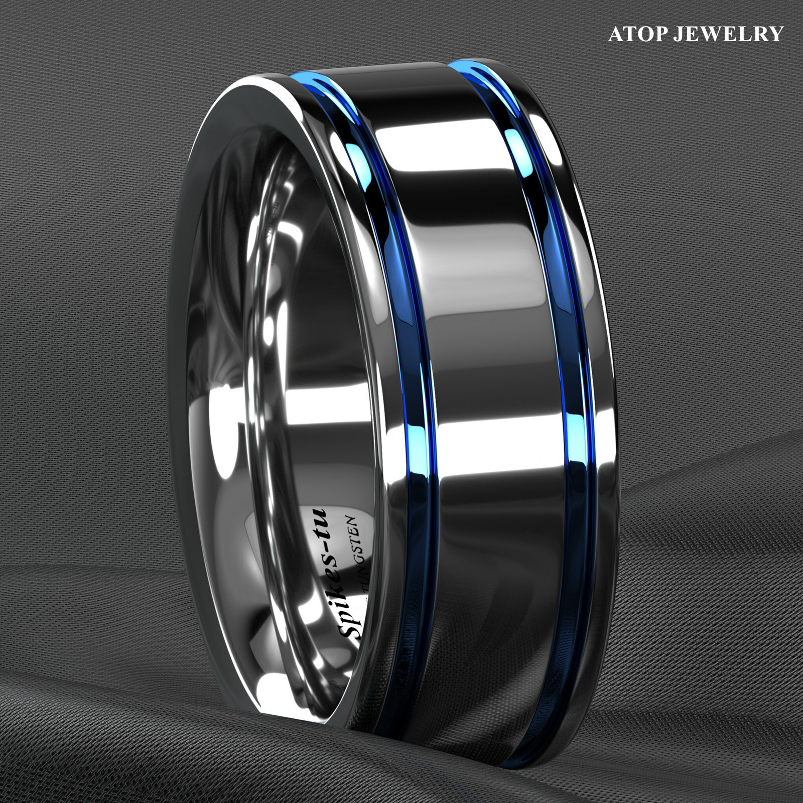 8mm Tungsten Carbide Ring Blue Grooved Line For Men Wedding Band ATOP Jewelry