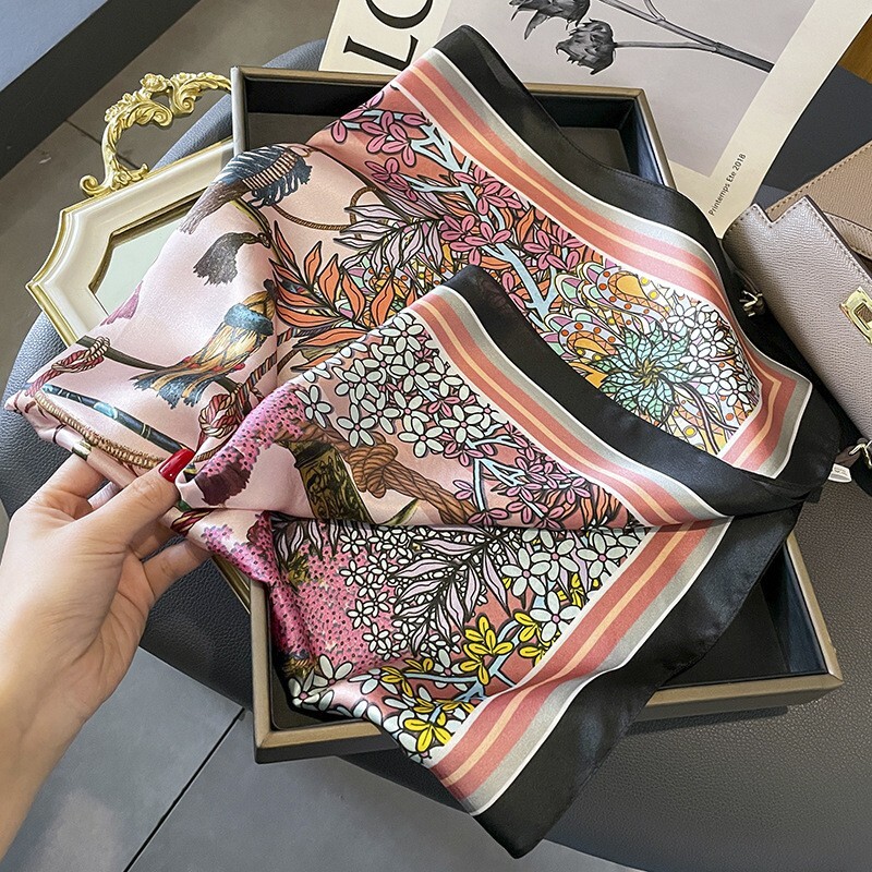 100% Silk Square Scarf Women Vintage Pink Black Kerchief Headscarf Wrap 68*68cm