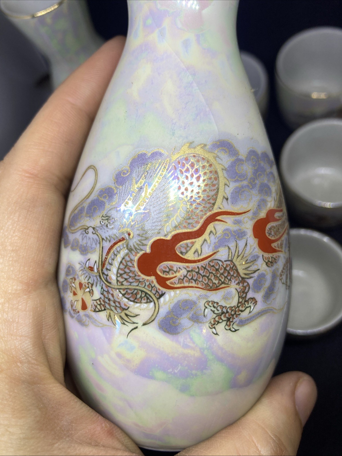 Japanese Fuji Ceramic Sake Set White Golden Drago Gold Trim 7 Piece Set