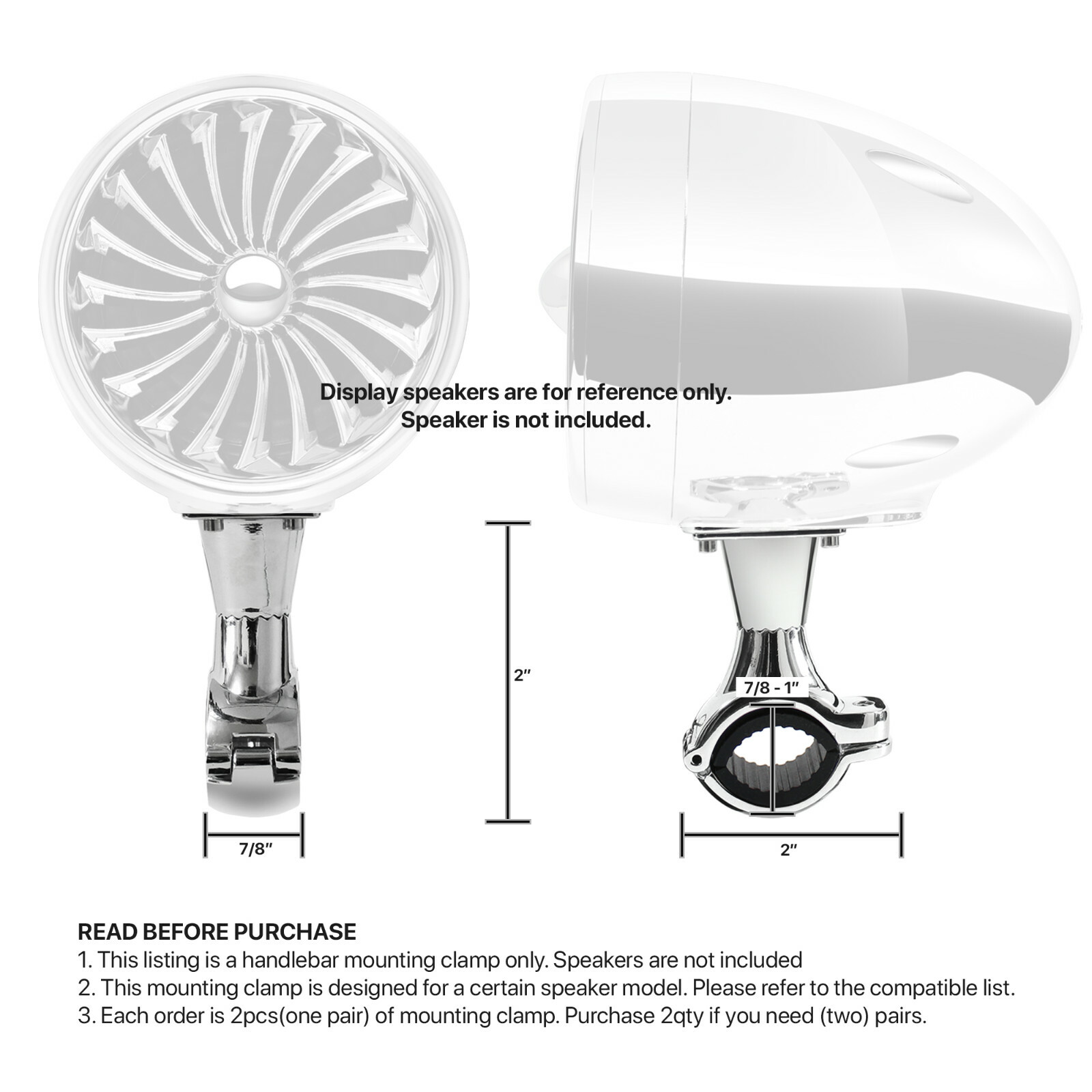 Set of Two 1 - 1-1/4" Handlebar Speaker Mounting Bracket Chrome