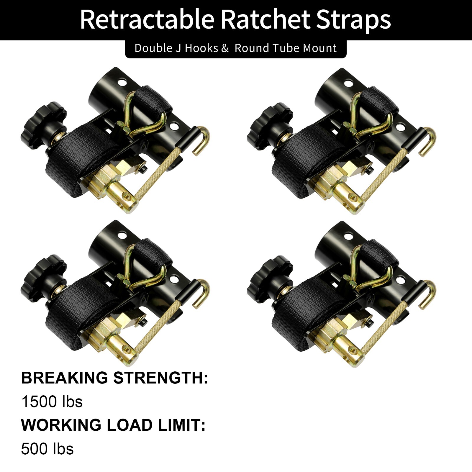 4x Ladder Rack Ratchet Straps w/ J-Hook 1.5"x7.5' Black Retractable Ratchet Tie