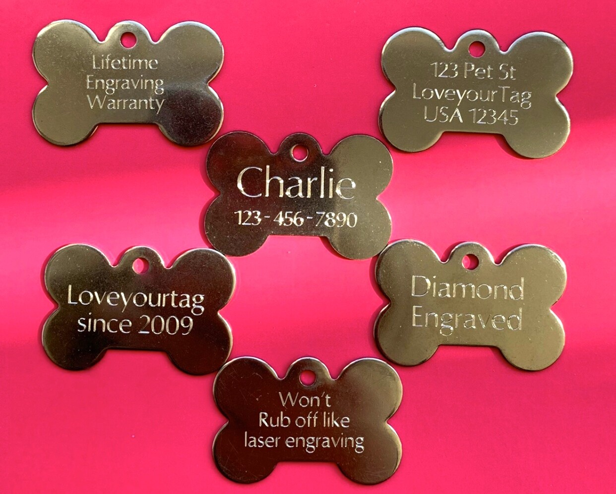 PET TAGS BONE (4.0cm) ID STAINLESS STEEL 2 SIDE DIAMOND ENGRAVE DOG CAT NAME TAG